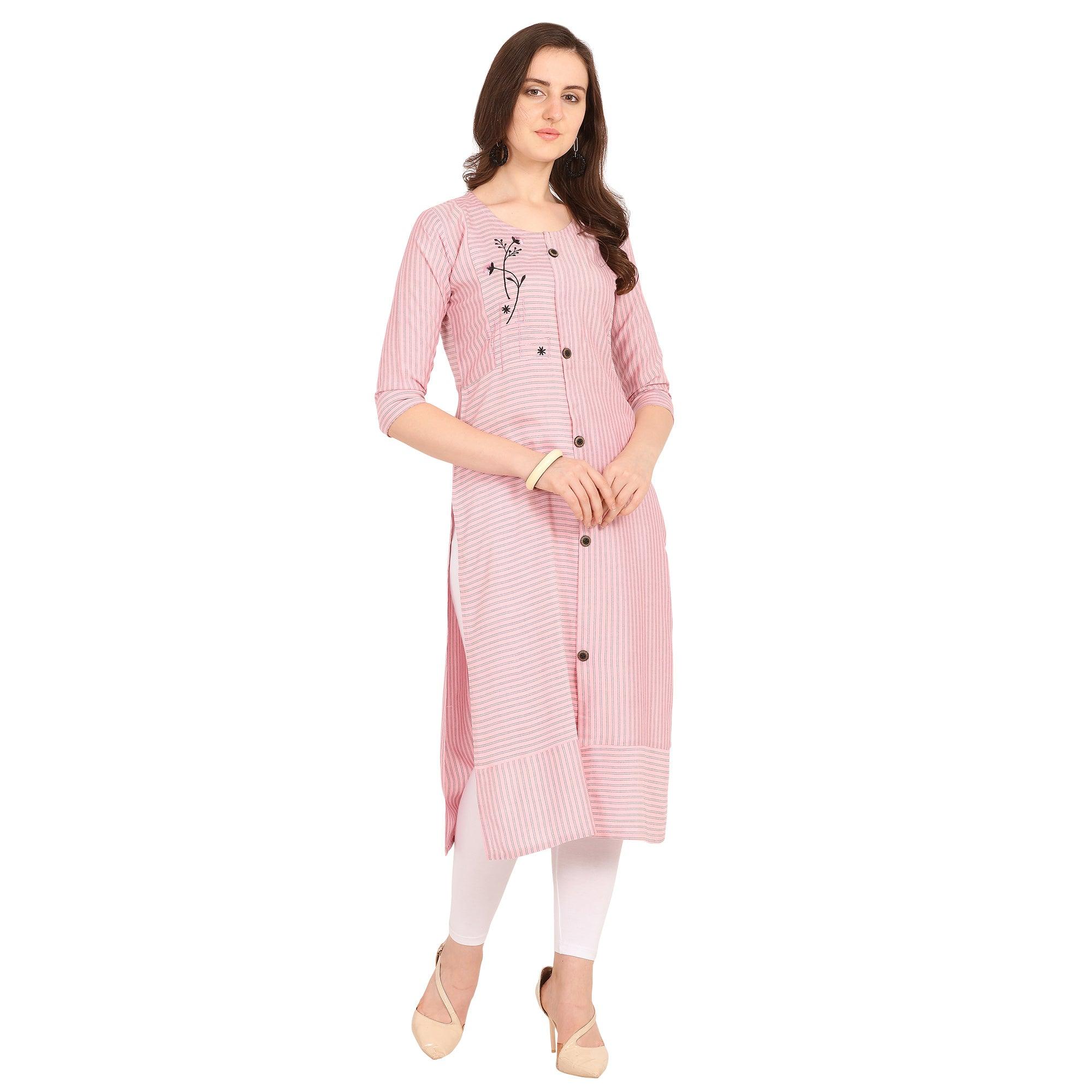 Radiant Pink Colored Party Wear Embellished Work Rayon Kurti - Peachmode