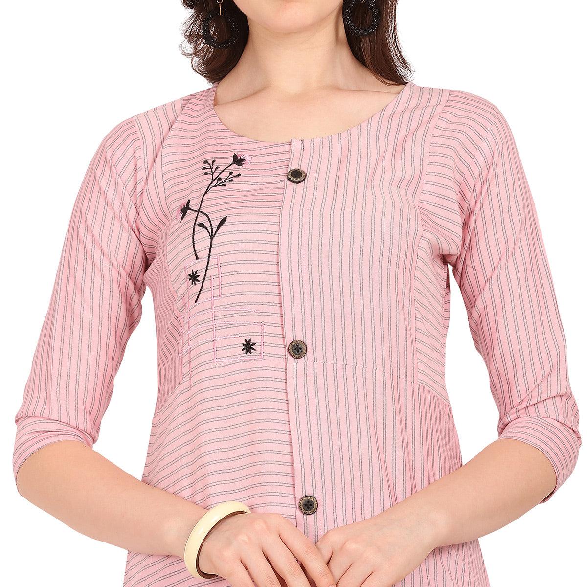Radiant Pink Colored Party Wear Embellished Work Rayon Kurti - Peachmode