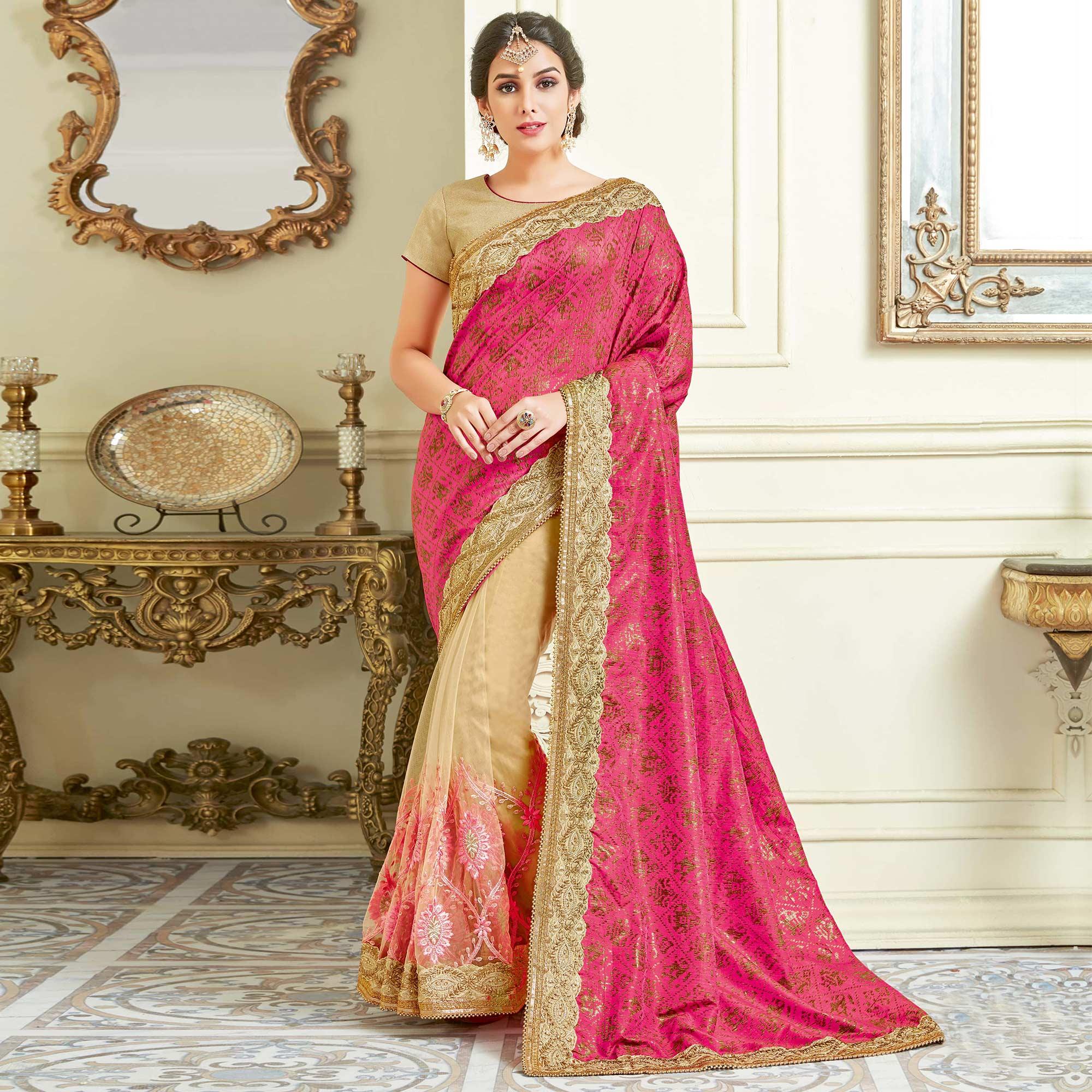 Radiant Pink - Cream Colored Designer Embroidered Work Party Wear Silk Saree - Peachmode