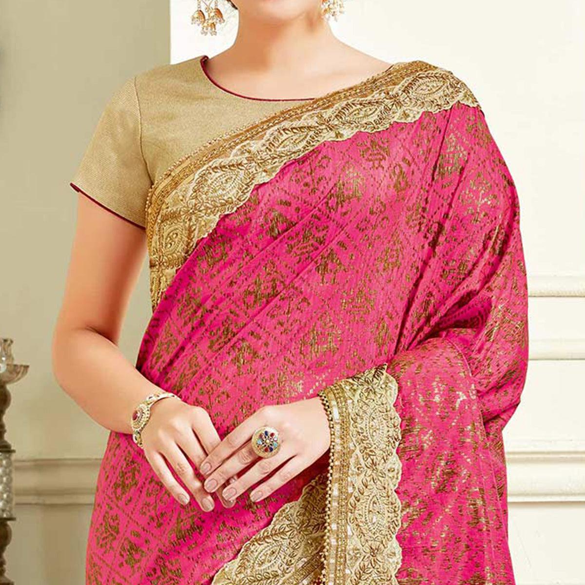 Radiant Pink - Cream Colored Designer Embroidered Work Party Wear Silk Saree - Peachmode