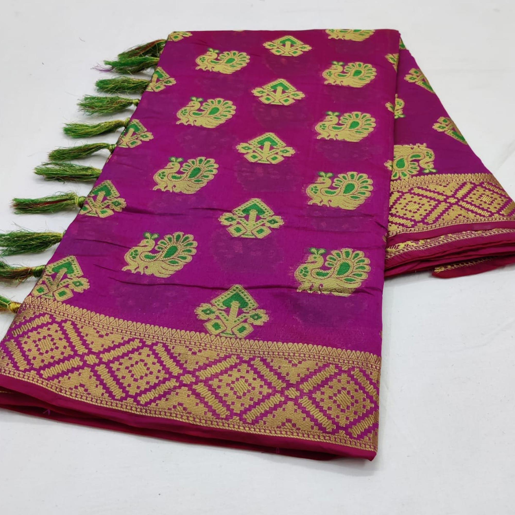 Radiant Purple Colored Festive Wear Woven Cotton Saree - Peachmode