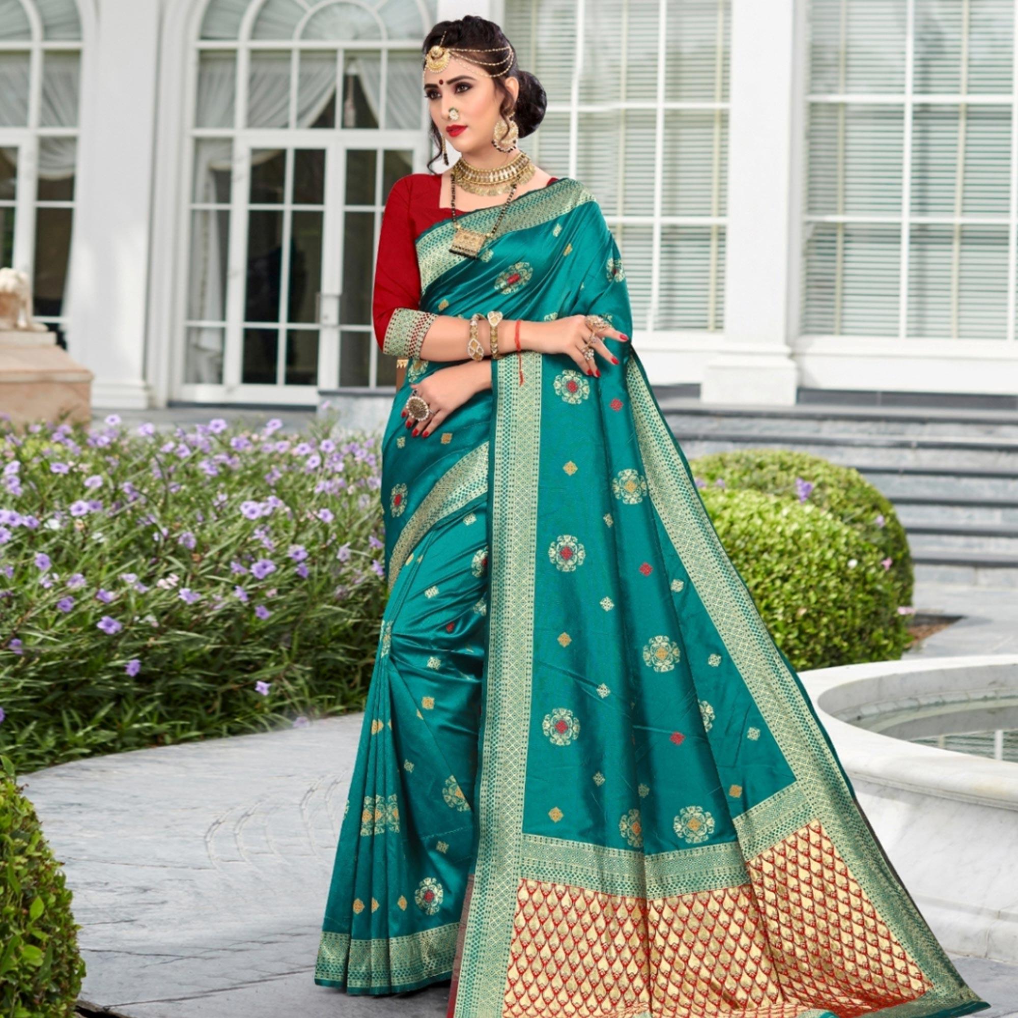 Radiant Rama Green Colored Festive Wear Woven Lichi Silk Saree - Peachmode