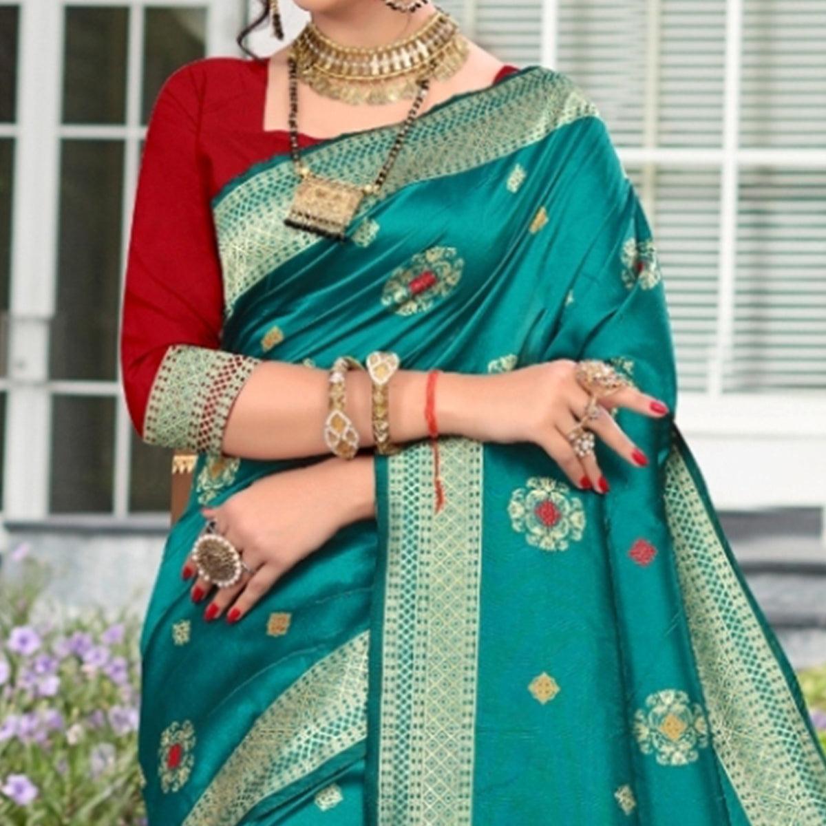 Radiant Rama Green Colored Festive Wear Woven Lichi Silk Saree - Peachmode