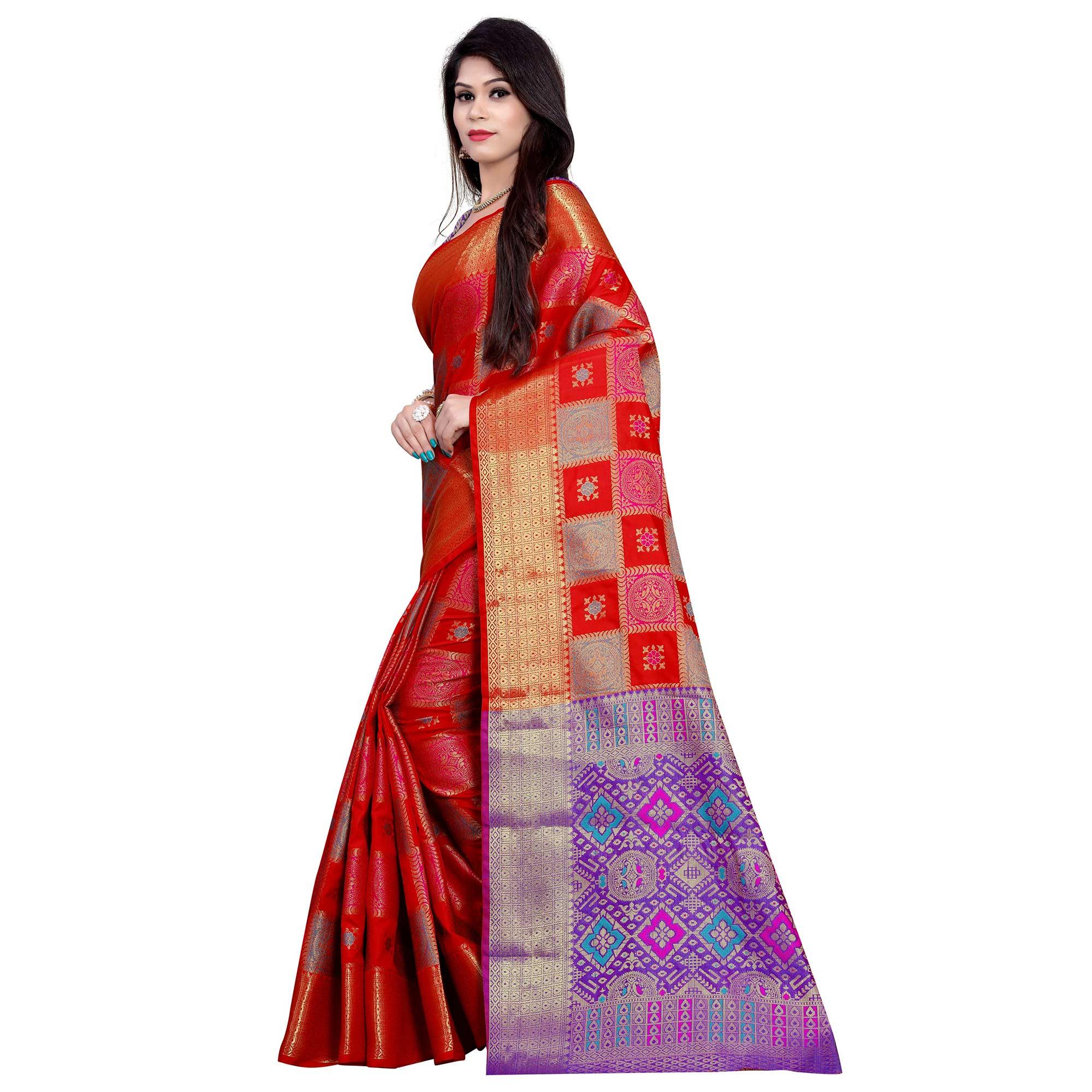 Radiant Red Colored Festive Wear Woven Banarasi Silk Saree - Peachmode