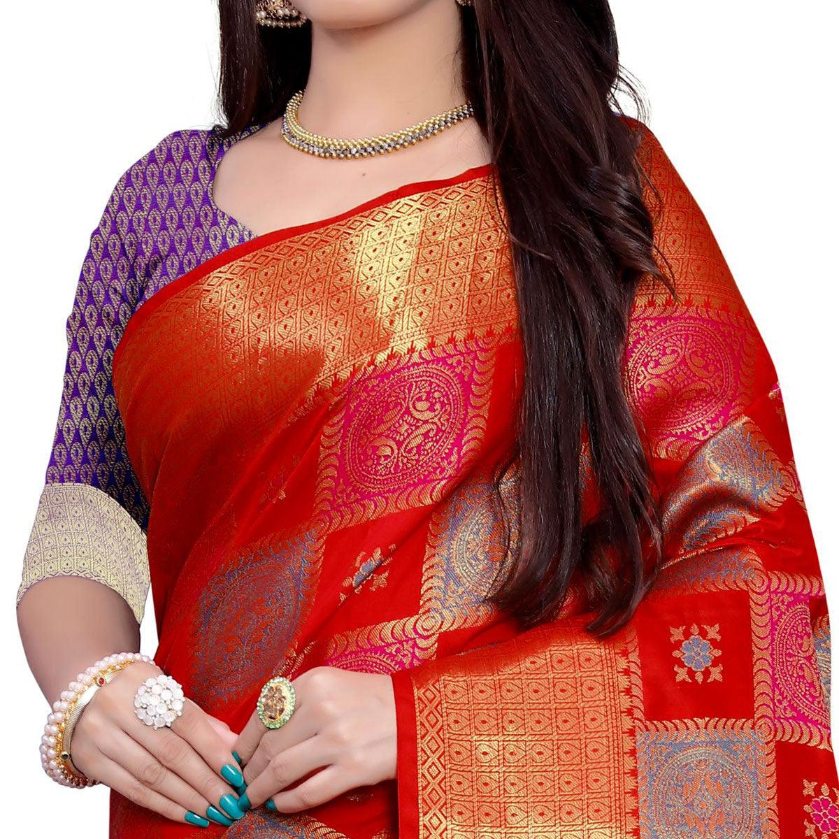 Radiant Red Colored Festive Wear Woven Banarasi Silk Saree - Peachmode