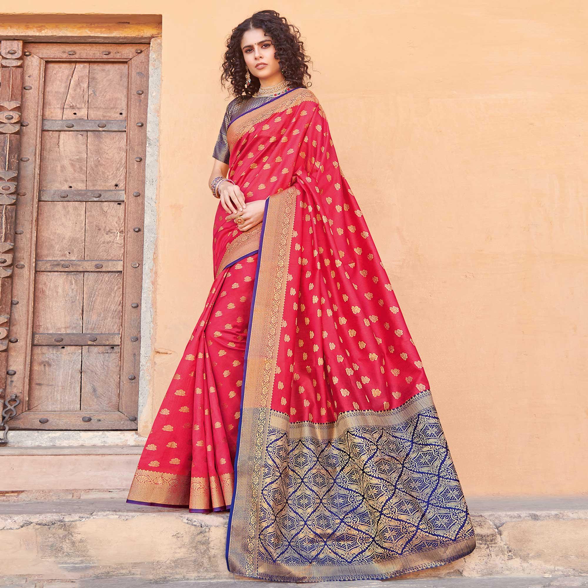 Radiant Red Colored Festive Wear Woven Handloom Silk Saree - Peachmode