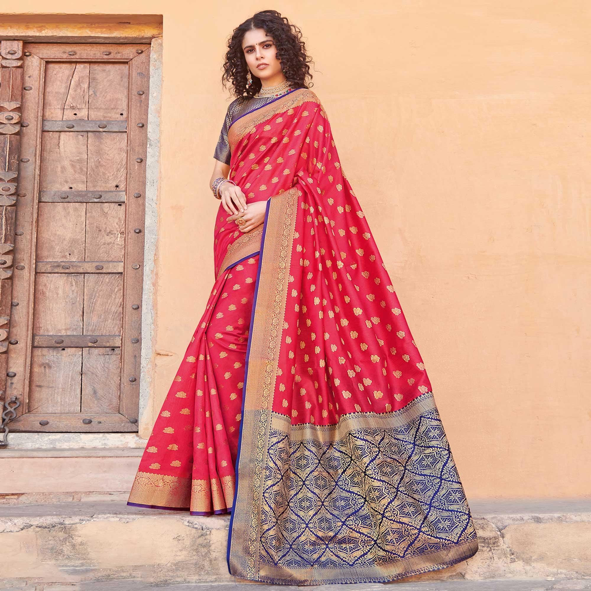 Radiant Red Colored Festive Wear Woven Handloom Silk Saree - Peachmode