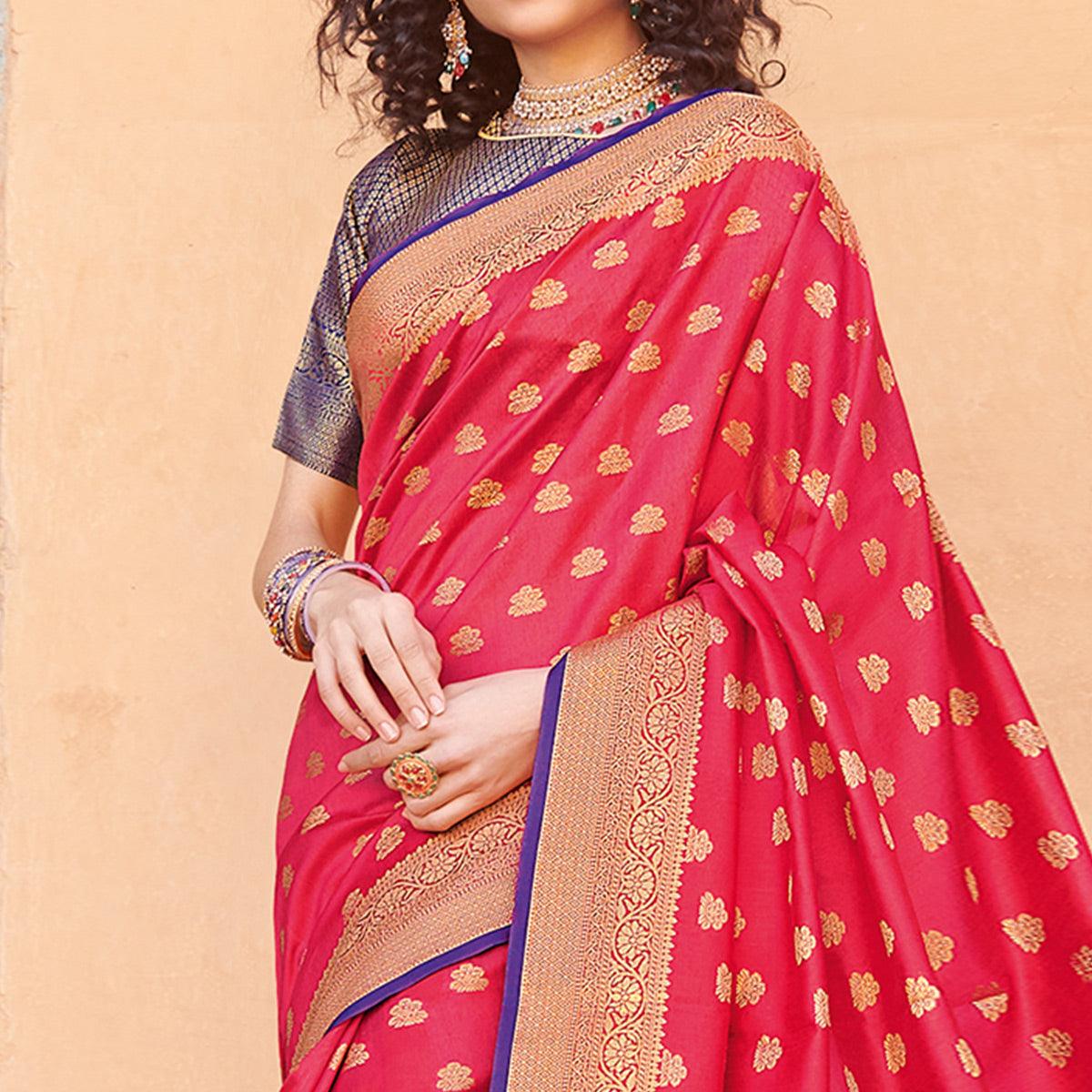 Radiant Red Colored Festive Wear Woven Handloom Silk Saree - Peachmode