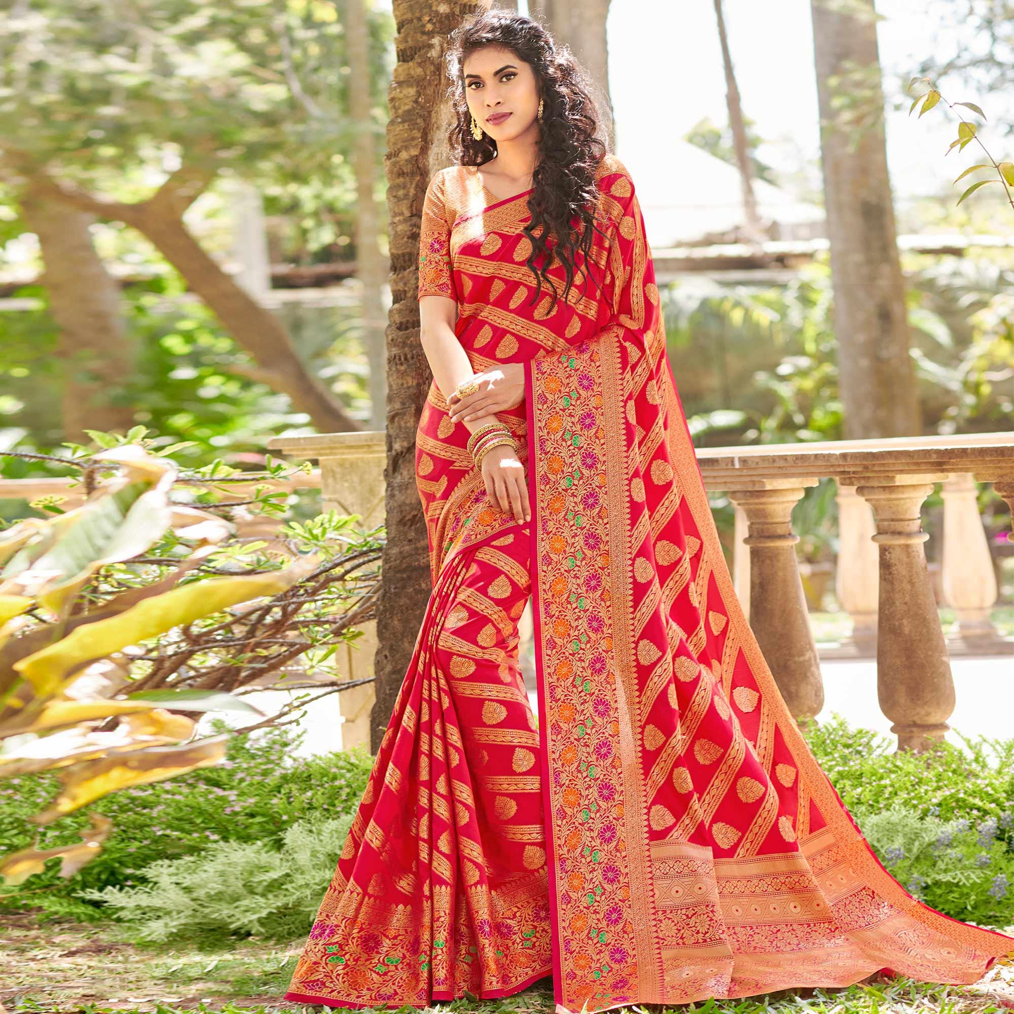 Radiant Red Colored Festive Wear Woven Silk Saree - Peachmode