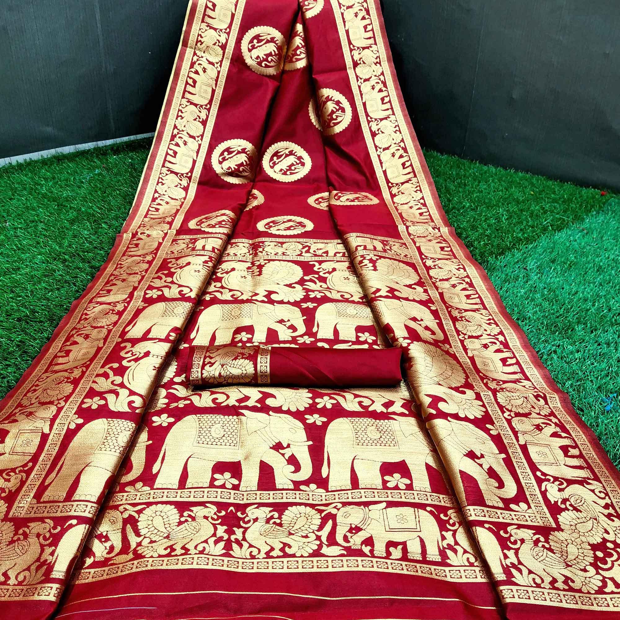 Radiant Royal Red Colored Festive Wear Woven Silk Saree - Peachmode