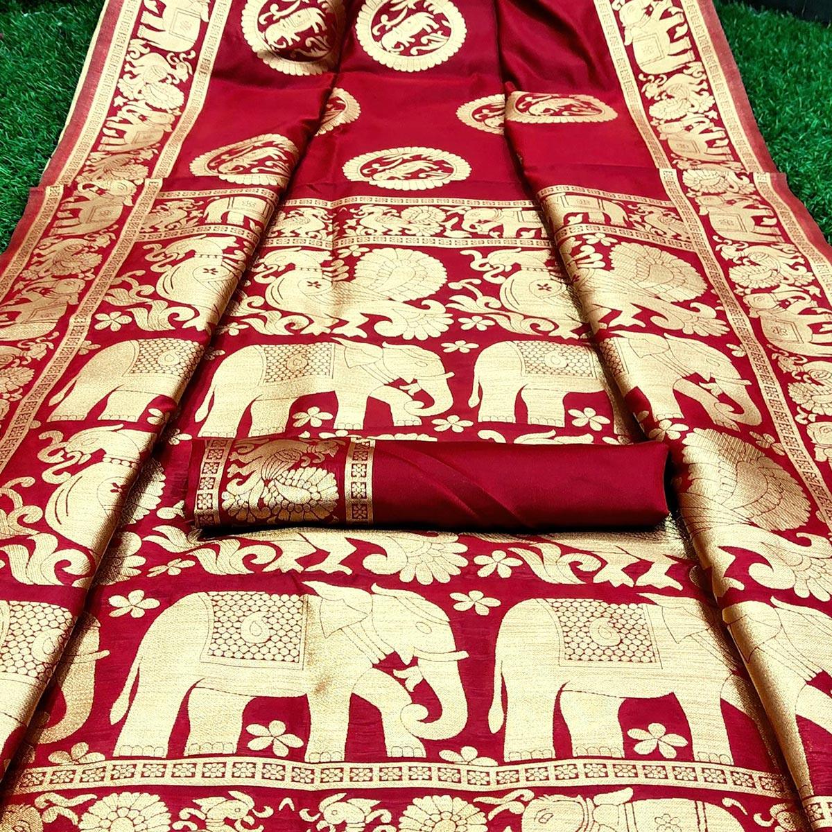 Radiant Royal Red Colored Festive Wear Woven Silk Saree - Peachmode