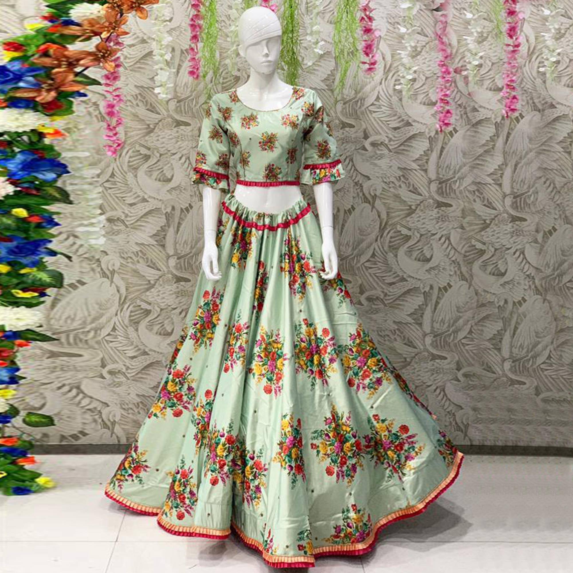 Radiant Sea Green Coloured Partywear Embroidered Dual Satin Lehenga Choli - Peachmode