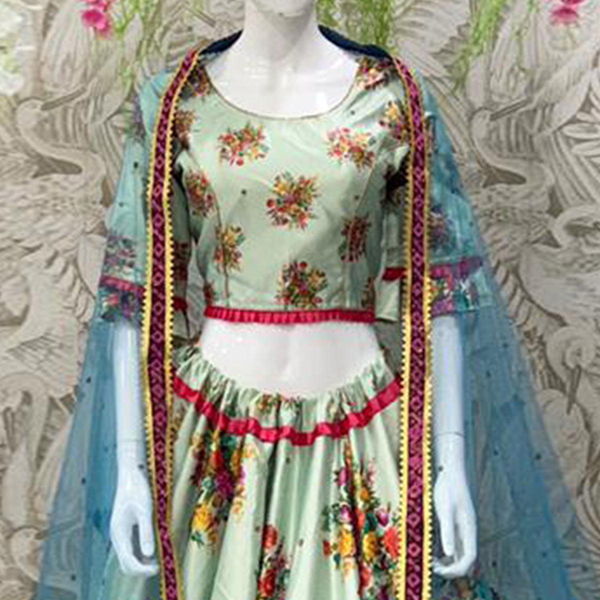 Radiant Sea Green Coloured Partywear Embroidered Dual Satin Lehenga Choli - Peachmode