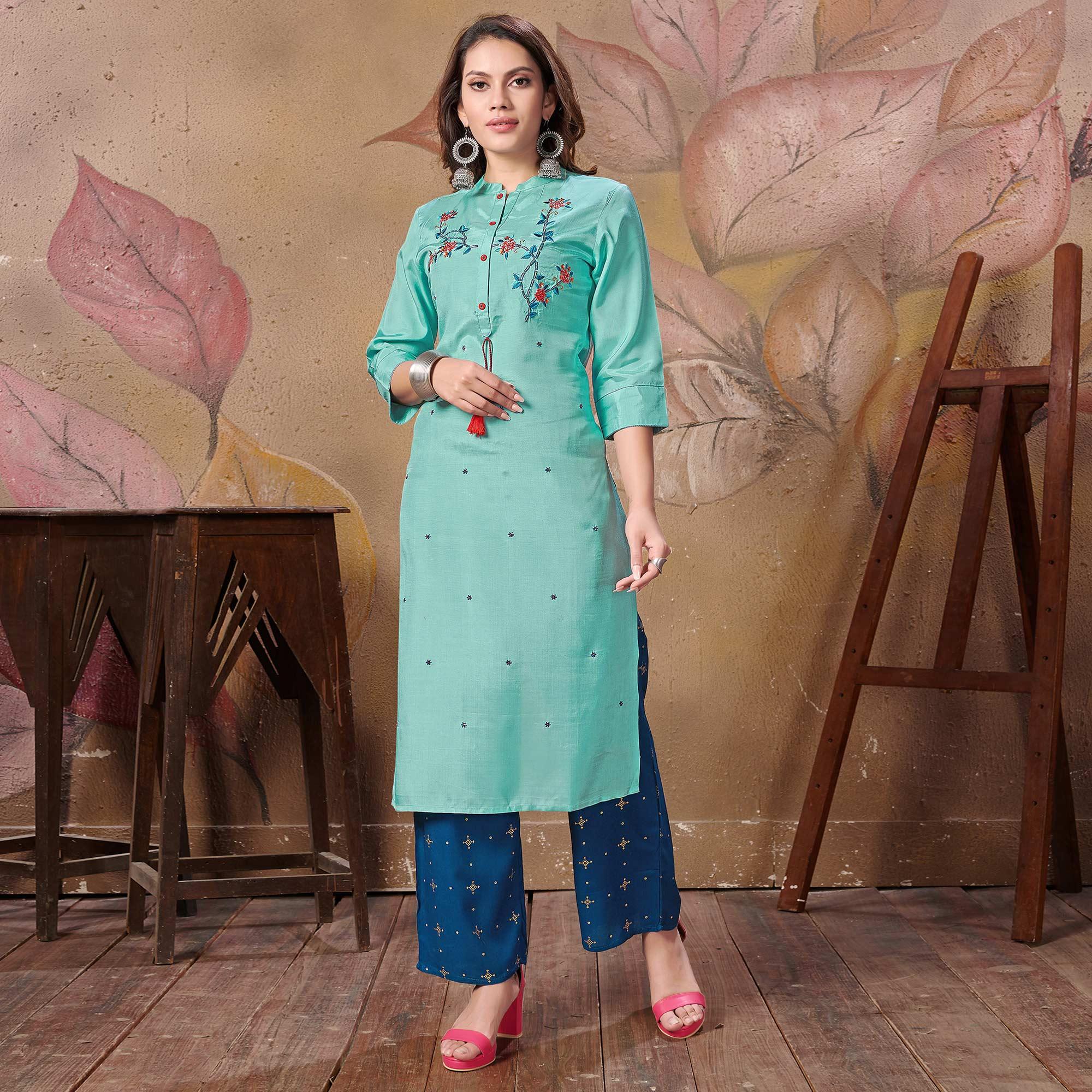 Radiant Teal Blue Colored Partywear Floral Embroidered Silk Kurti-Palazzo Set - Peachmode