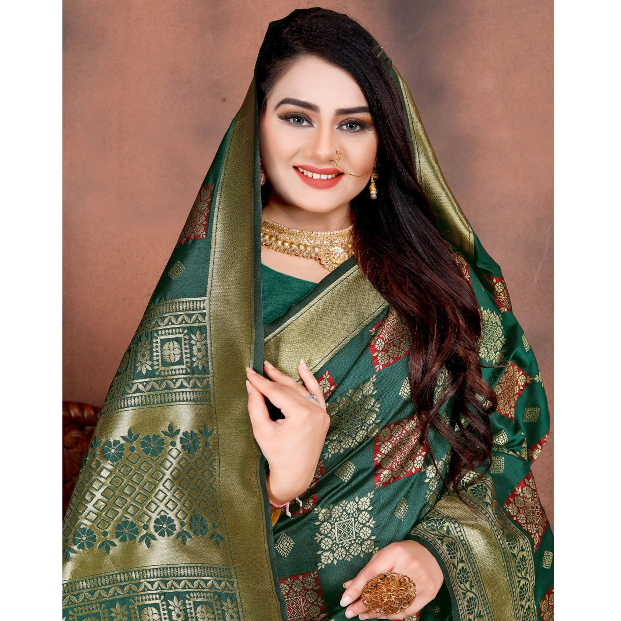 Radiant Teal Green Colored Festive Wear Woven Silk Saree - Peachmode