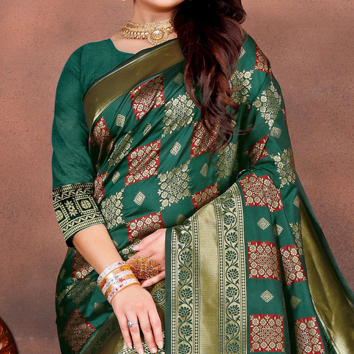 Radiant Teal Green Colored Festive Wear Woven Silk Saree - Peachmode