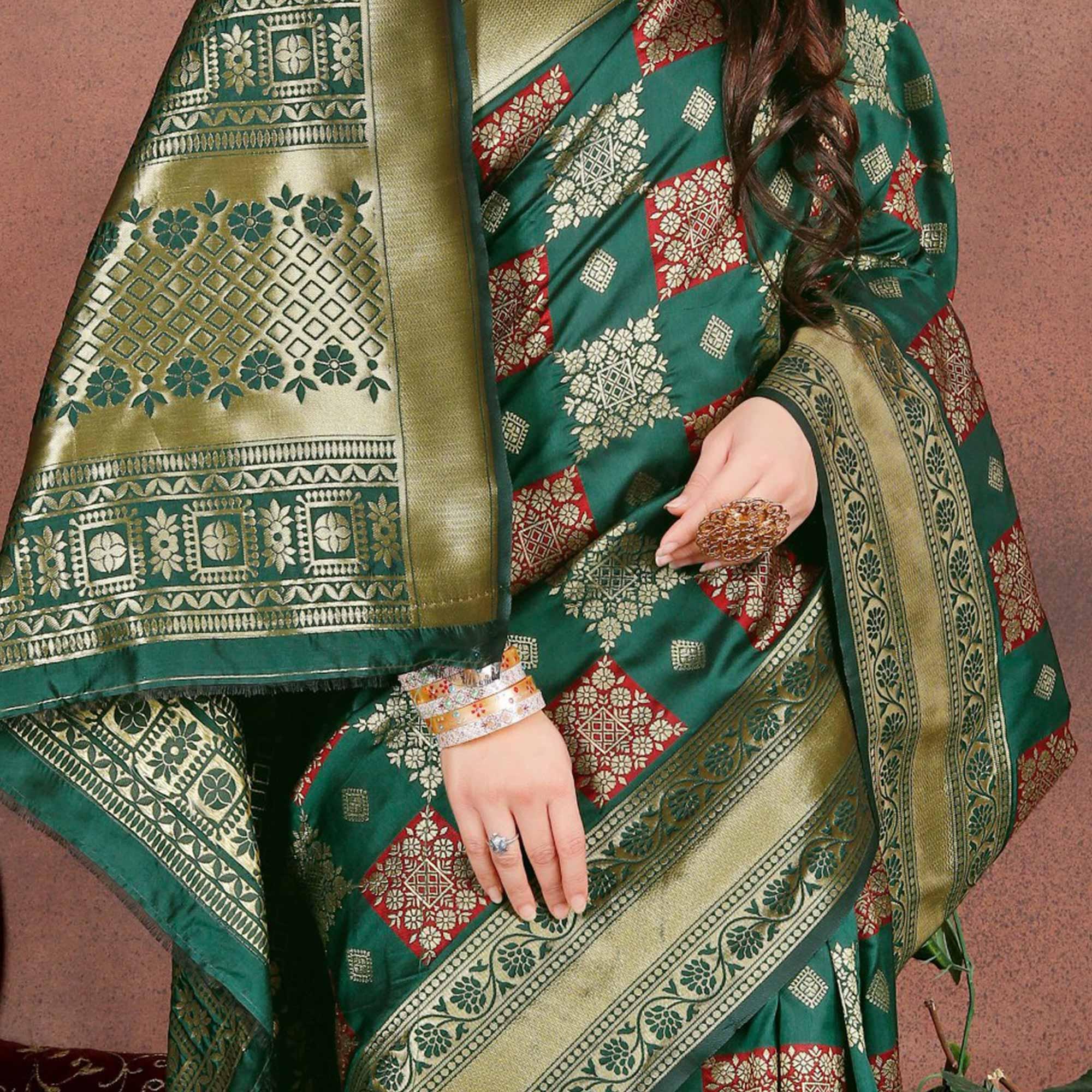 Radiant Teal Green Colored Festive Wear Woven Silk Saree - Peachmode
