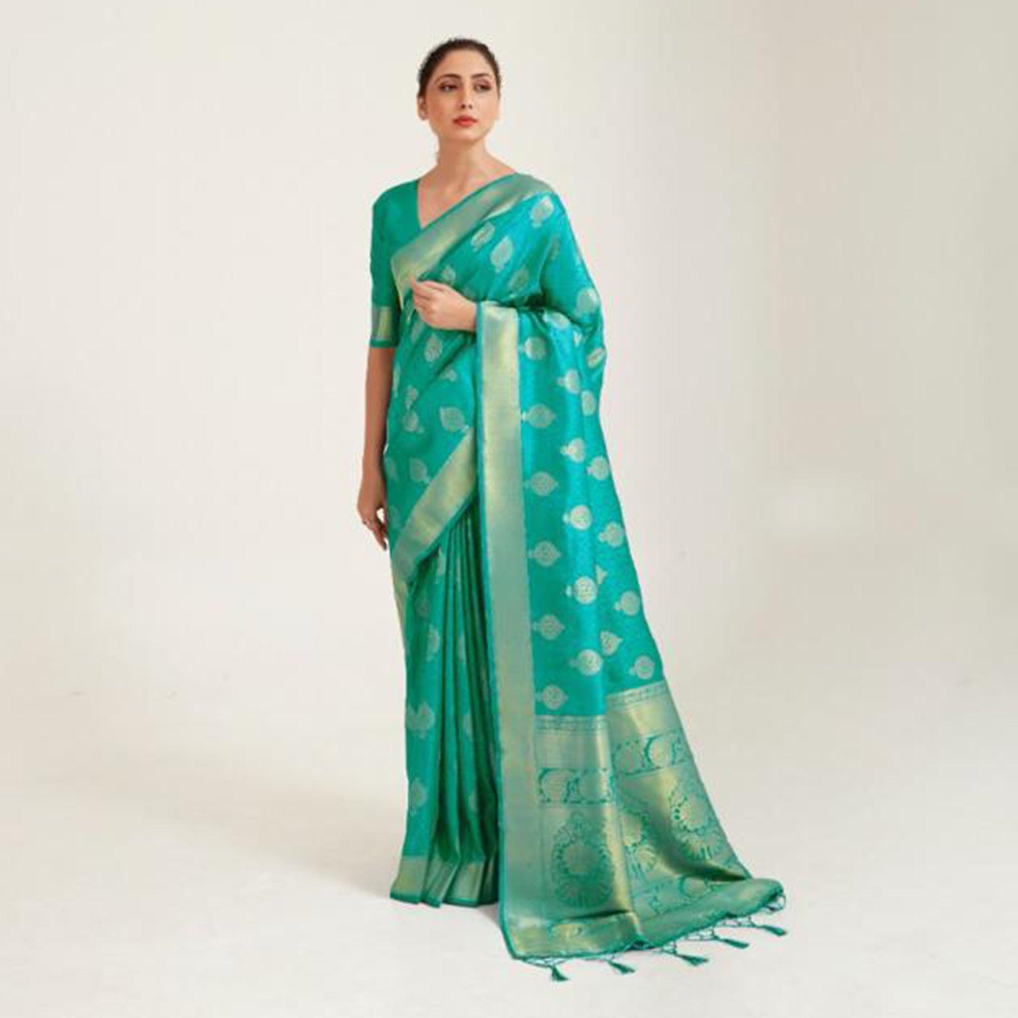 Radiant Turquoise Coloured Festive Wear Handloom Woven Silk Saree - Peachmode