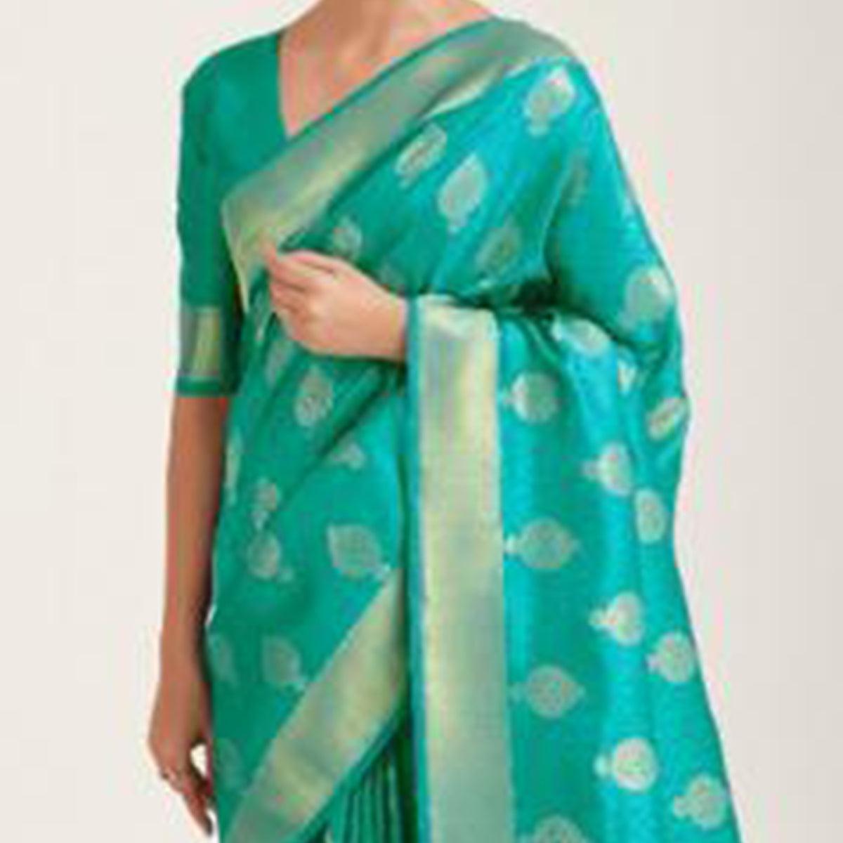Radiant Turquoise Coloured Festive Wear Handloom Woven Silk Saree - Peachmode