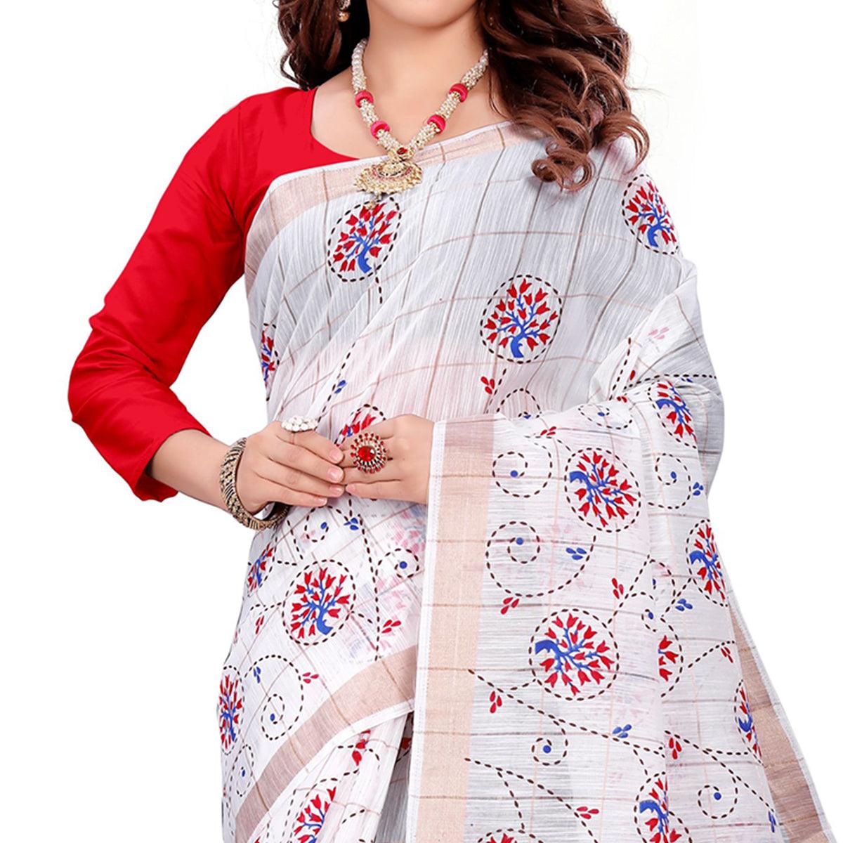 Radiant White Colored Casual Wear Printed Cotton Saree With Tassels - Peachmode
