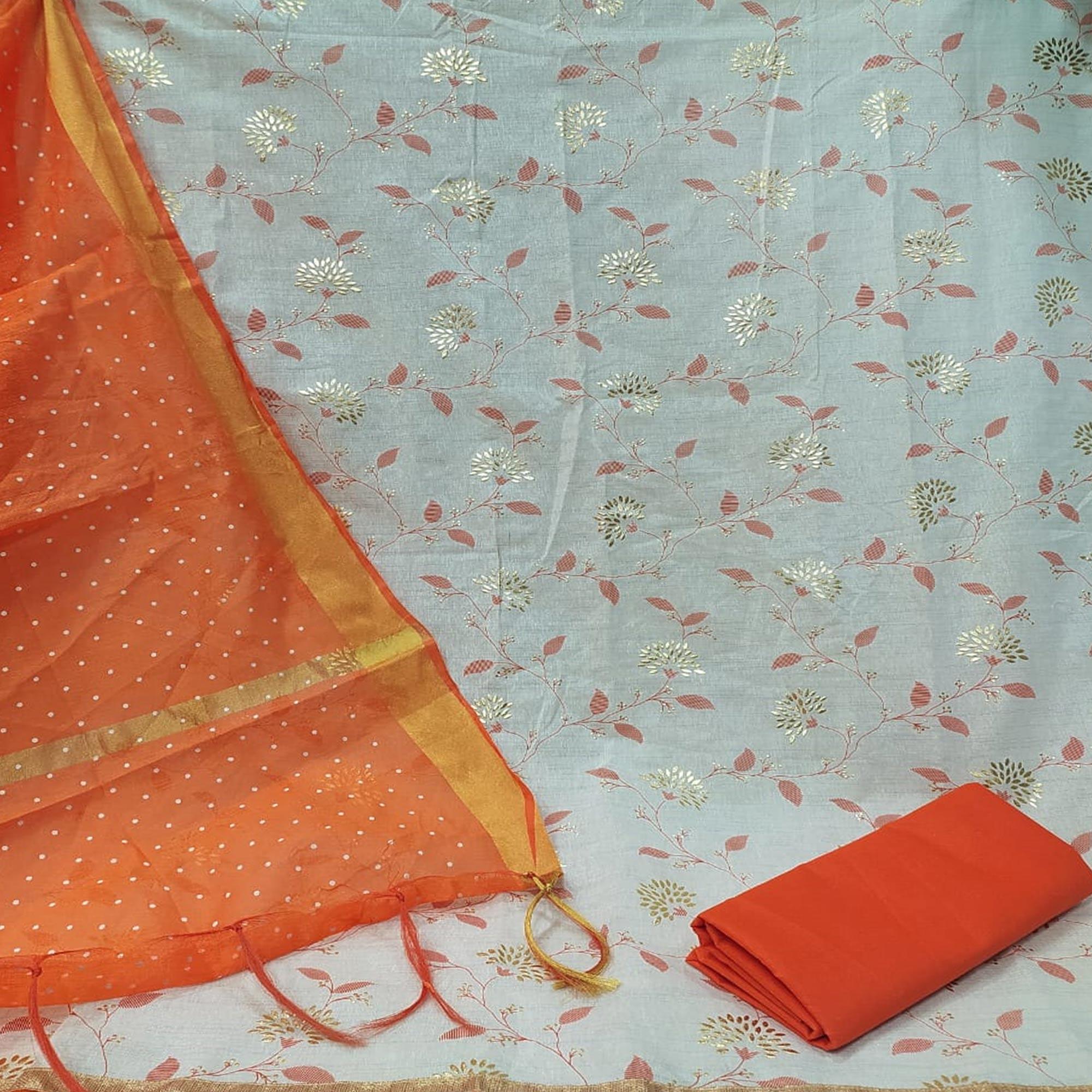 Radiant White - Orange Colored Casual Wear Foil Work Khadi Dress Material - Peachmode