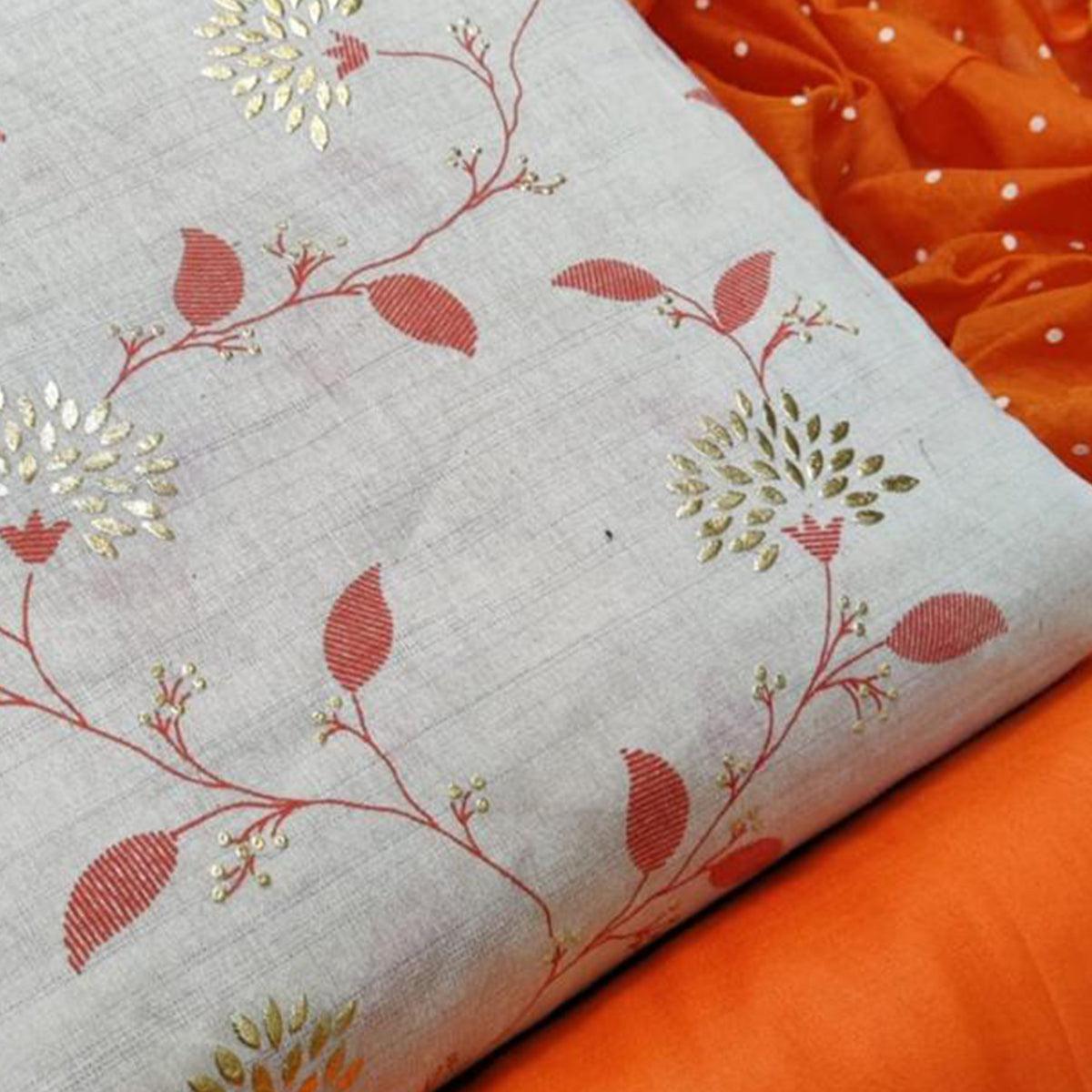 Radiant White - Orange Colored Casual Wear Foil Work Khadi Dress Material - Peachmode