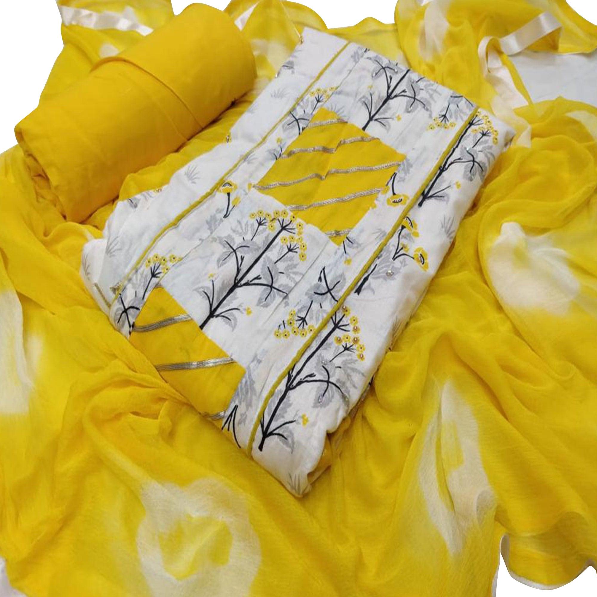 Radiant White - Yellow Colored Casual Printed Cotton Dress Material - Peachmode
