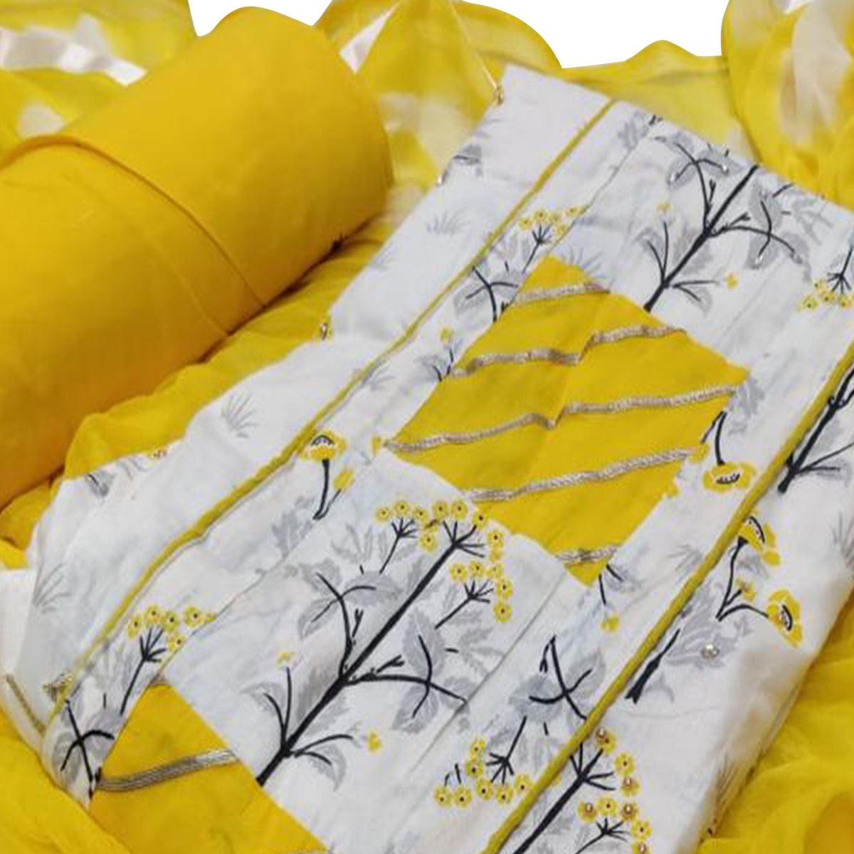 Radiant White - Yellow Colored Casual Printed Cotton Dress Material - Peachmode