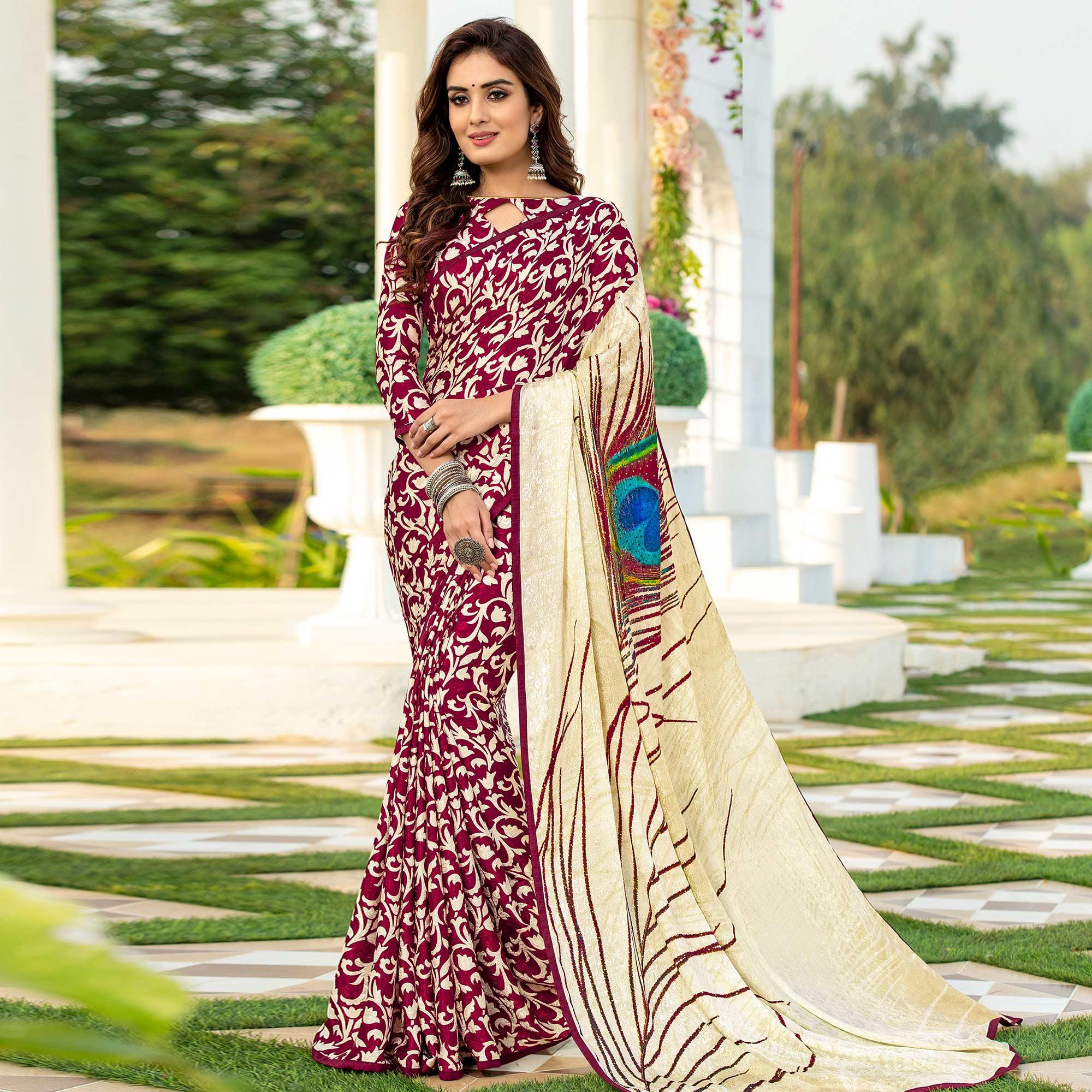 Radiant Wine Colored Festive Wear Diamond Work Silk Saree - Peachmode