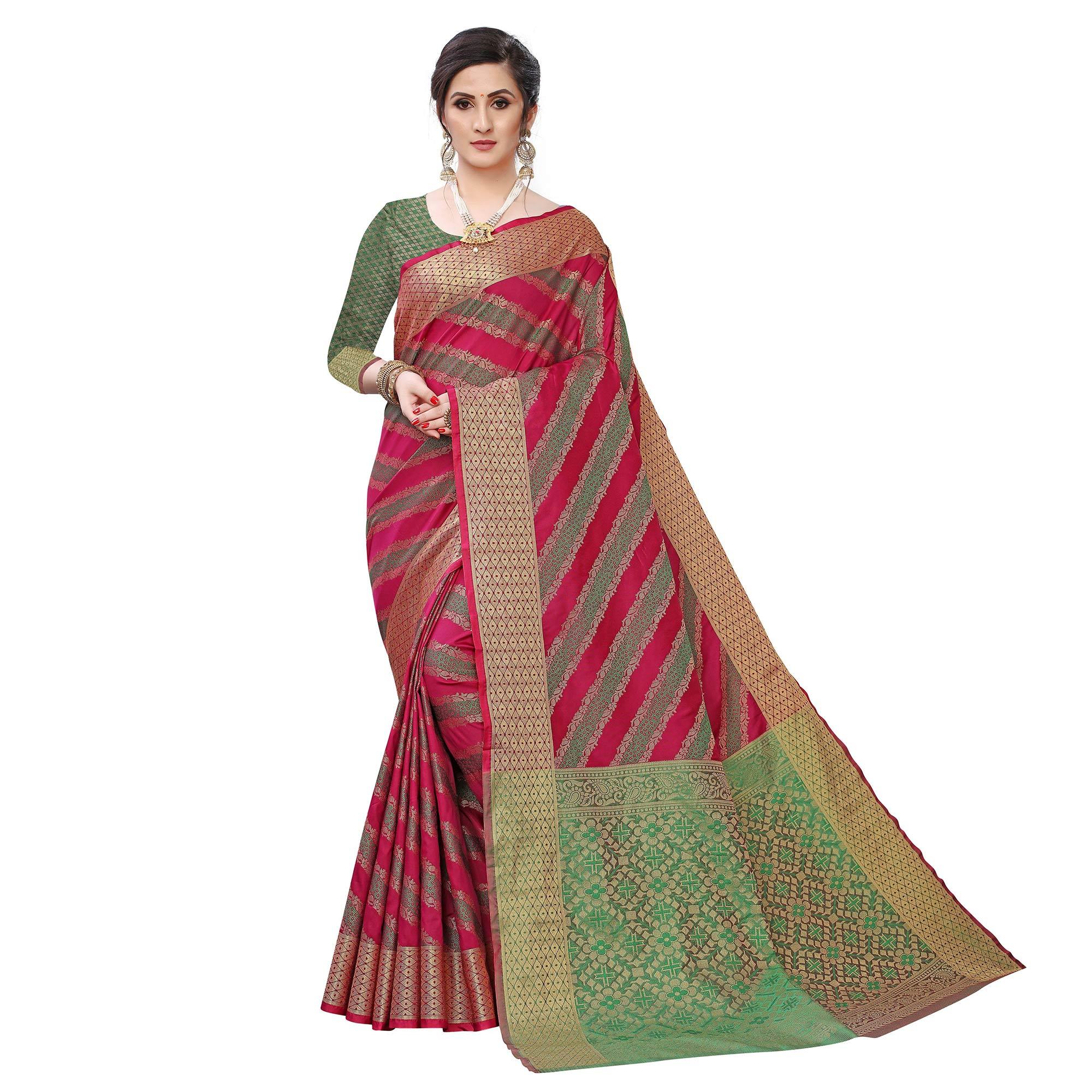 Radiant Wine Colored Festive Wear Woven Kanjivaram Silk Saree - Peachmode