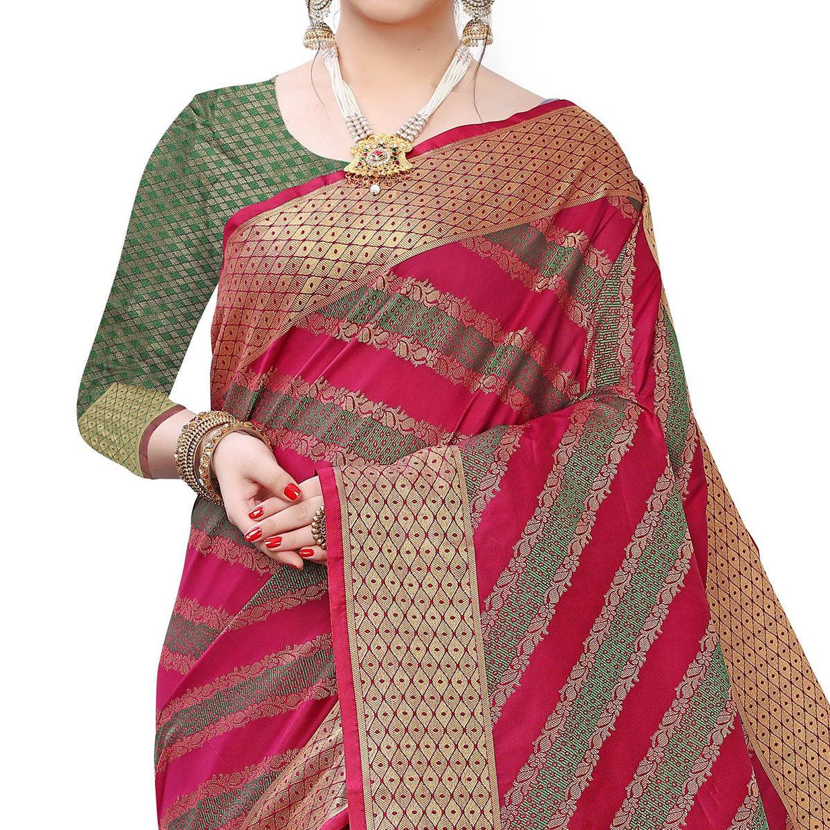 Radiant Wine Colored Festive Wear Woven Kanjivaram Silk Saree - Peachmode