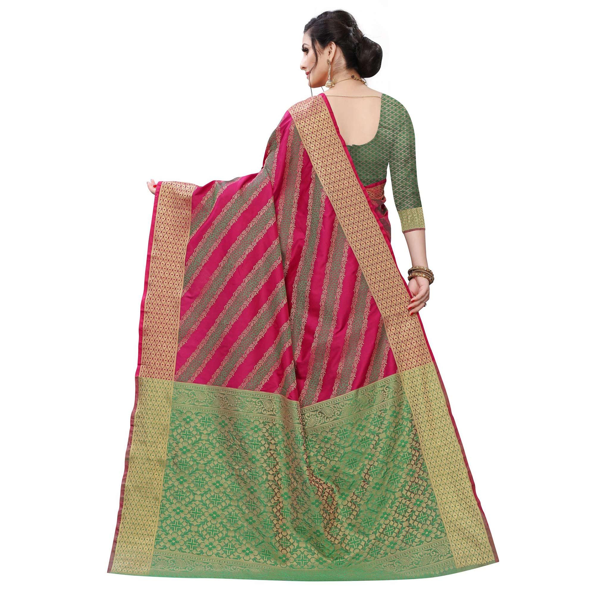 Radiant Wine Colored Festive Wear Woven Kanjivaram Silk Saree - Peachmode