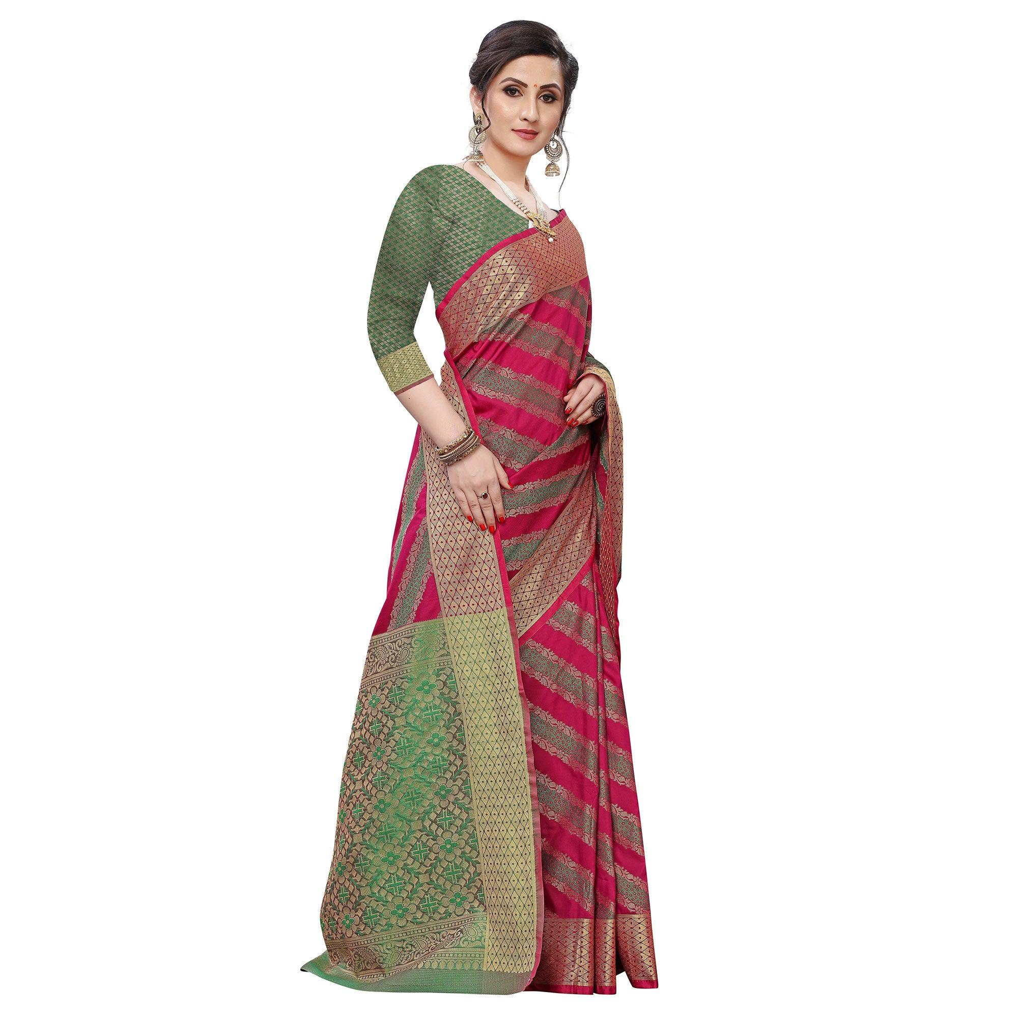 Radiant Wine Colored Festive Wear Woven Kanjivaram Silk Saree - Peachmode