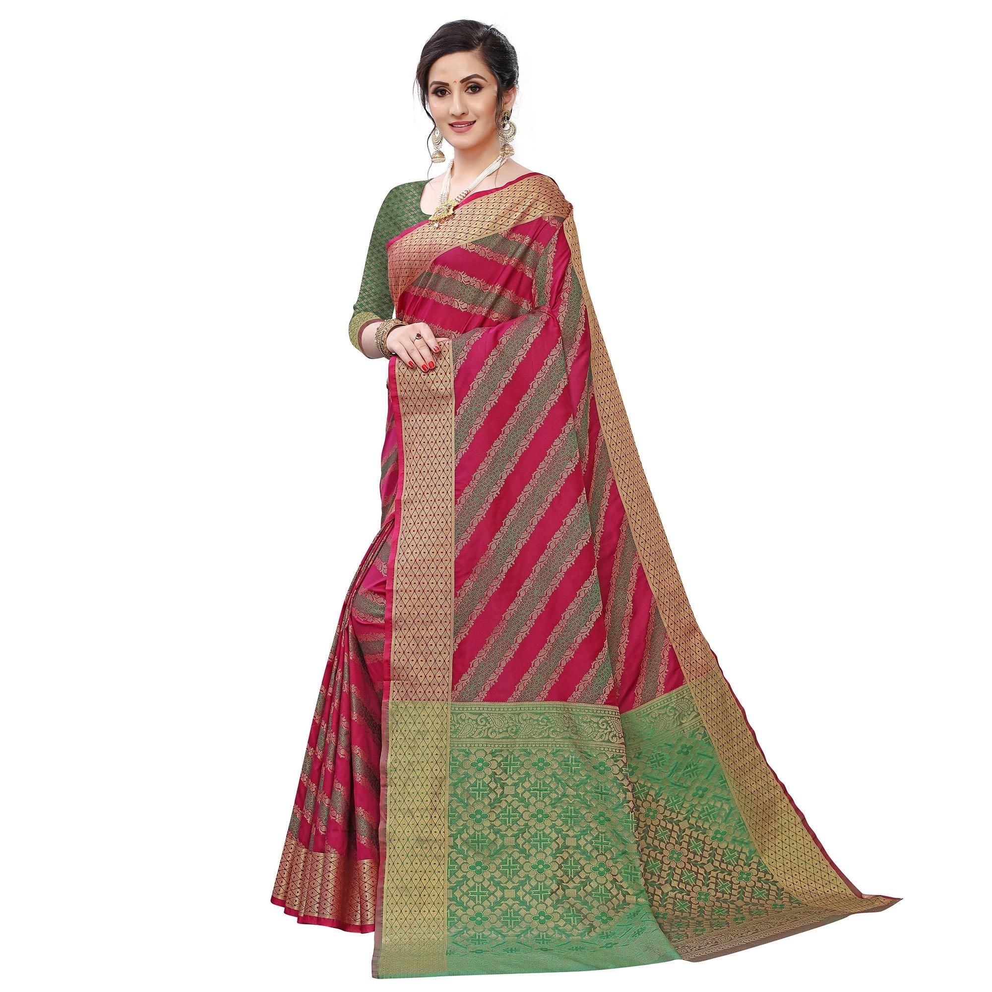 Radiant Wine Colored Festive Wear Woven Kanjivaram Silk Saree - Peachmode