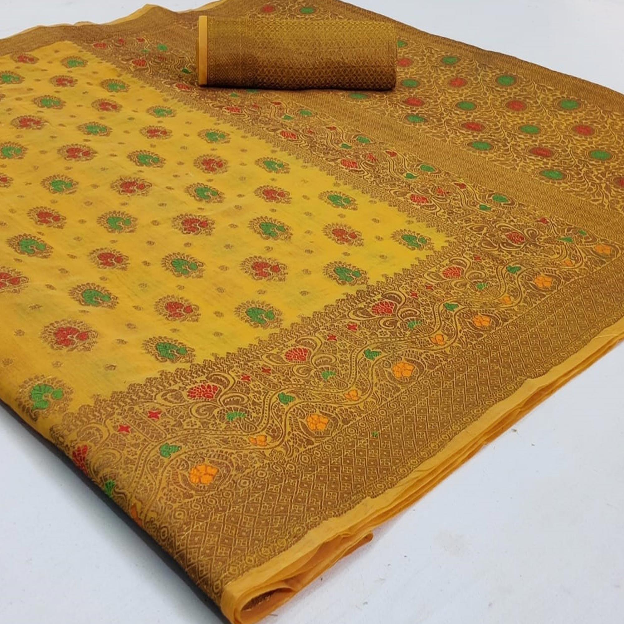 Radiant Yellow Colored Festive Wear Woven Cotton Saree - Peachmode