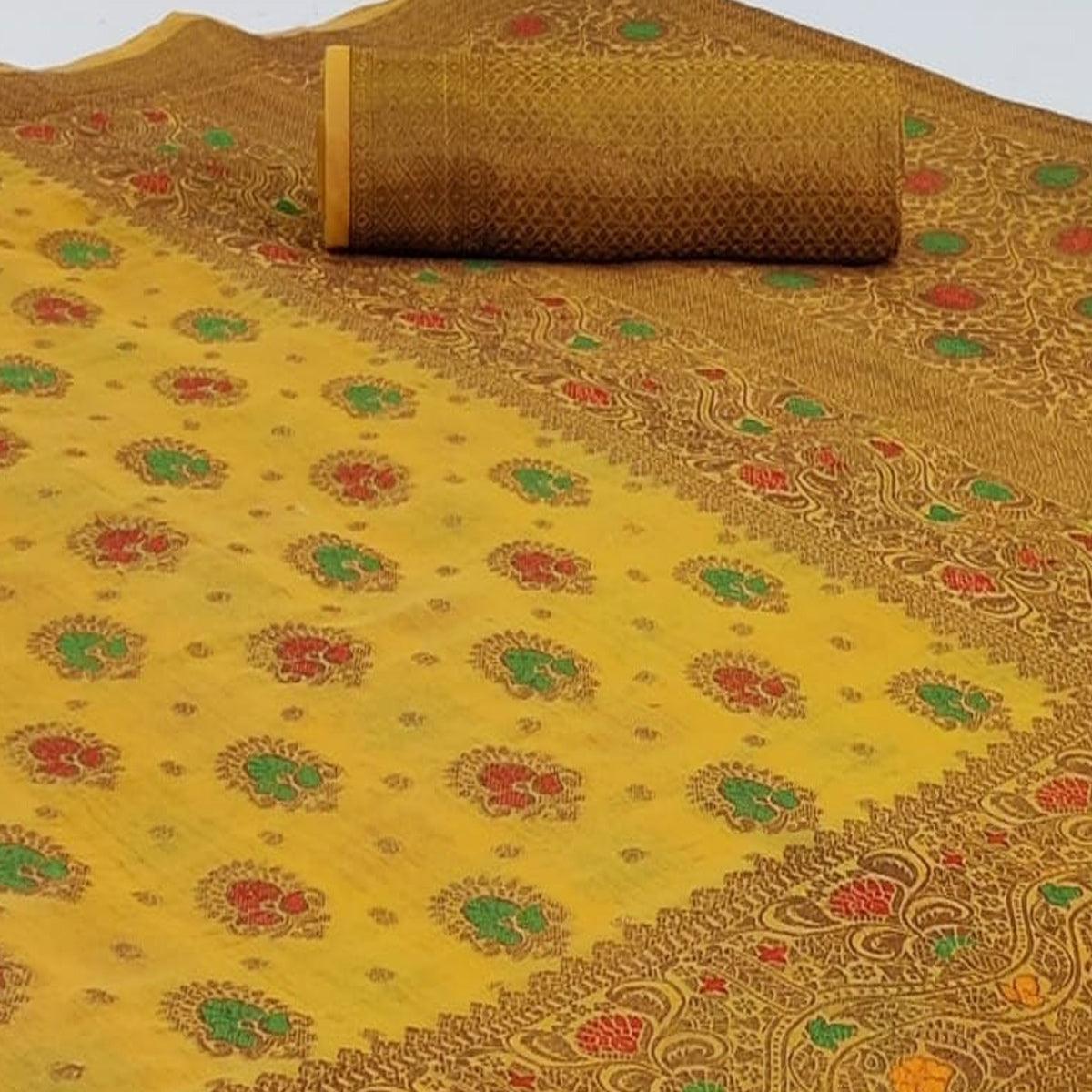 Radiant Yellow Colored Festive Wear Woven Cotton Saree - Peachmode