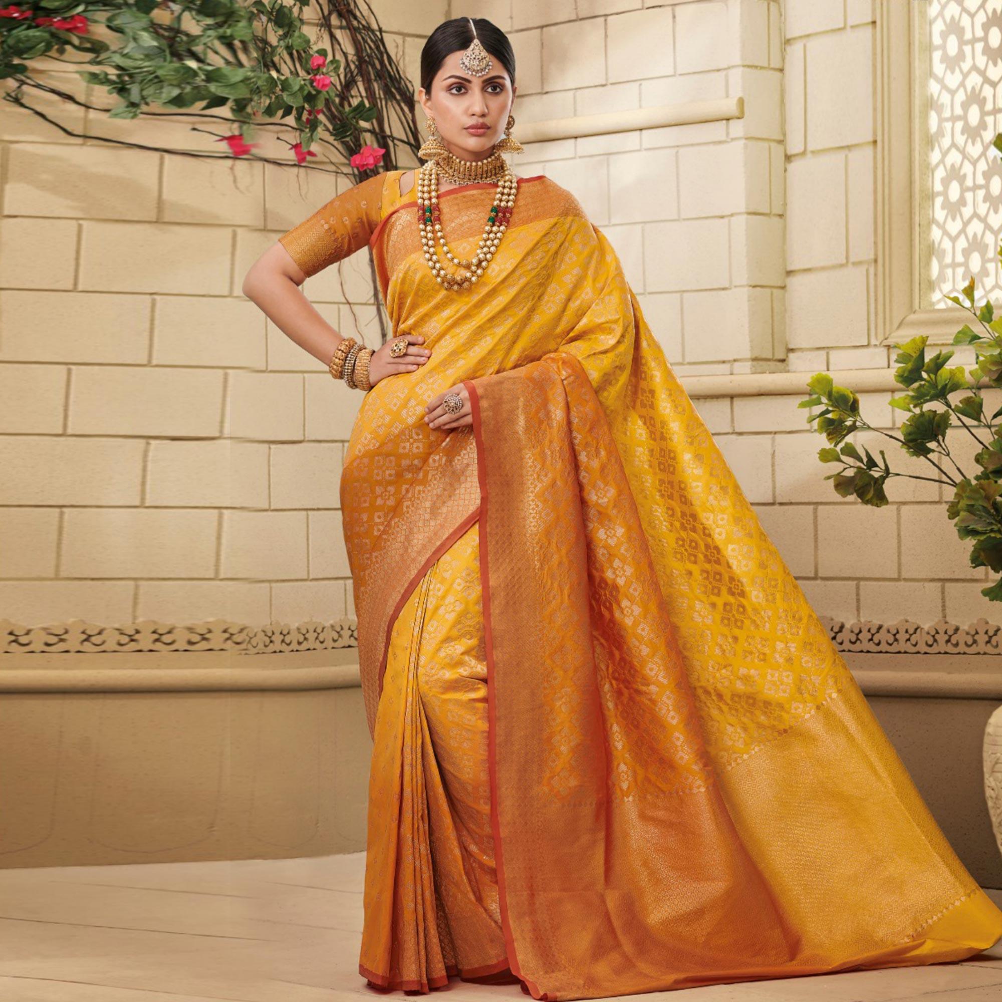 Radiant Yellow Colored Festive Wear Woven Soft Silk Saree - Peachmode