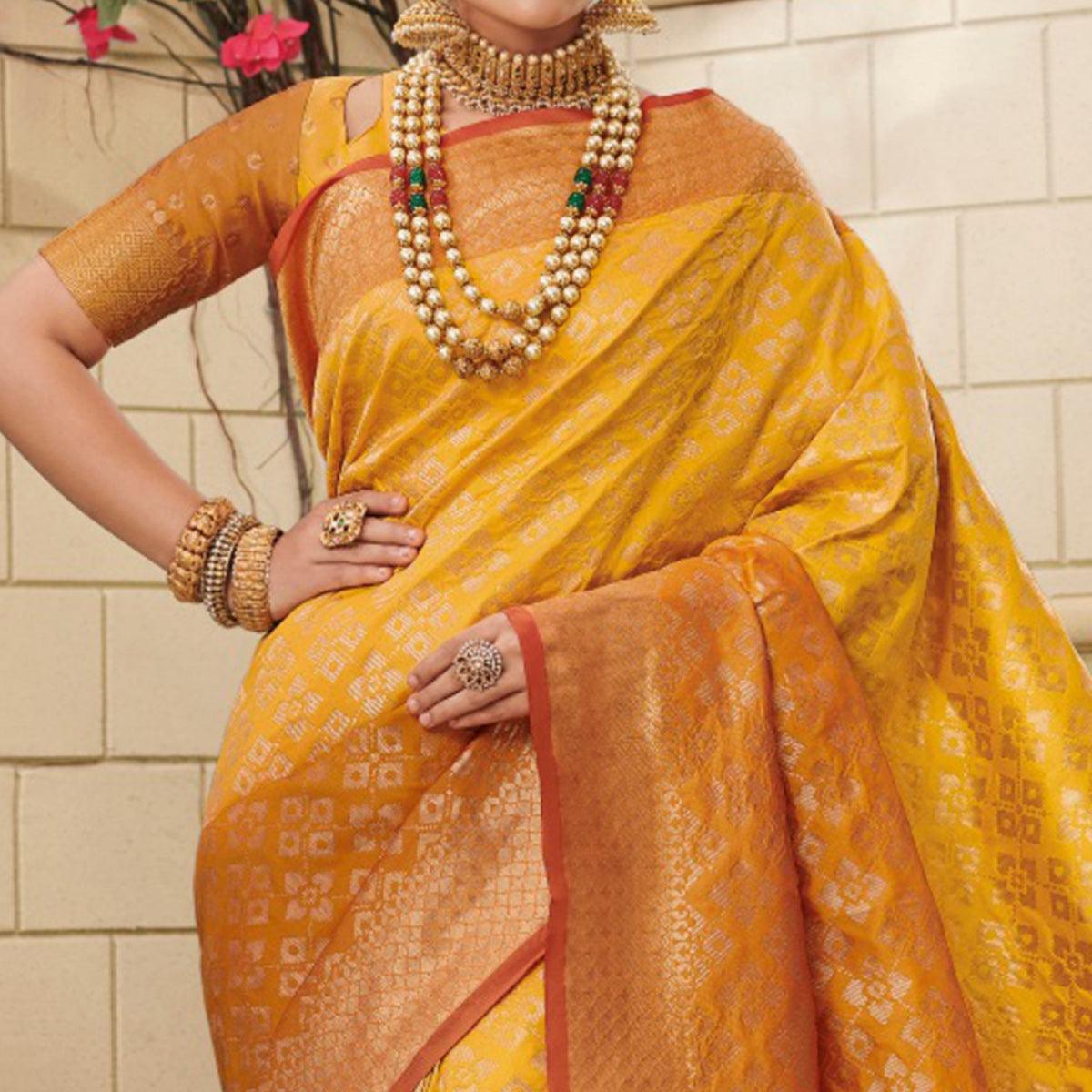 Radiant Yellow Colored Festive Wear Woven Soft Silk Saree - Peachmode