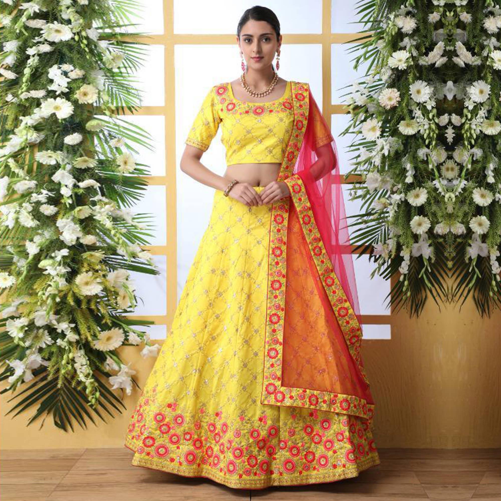 Radiant Yellow Colored Party Wear Floral Embroidered Art Silk Lehenga