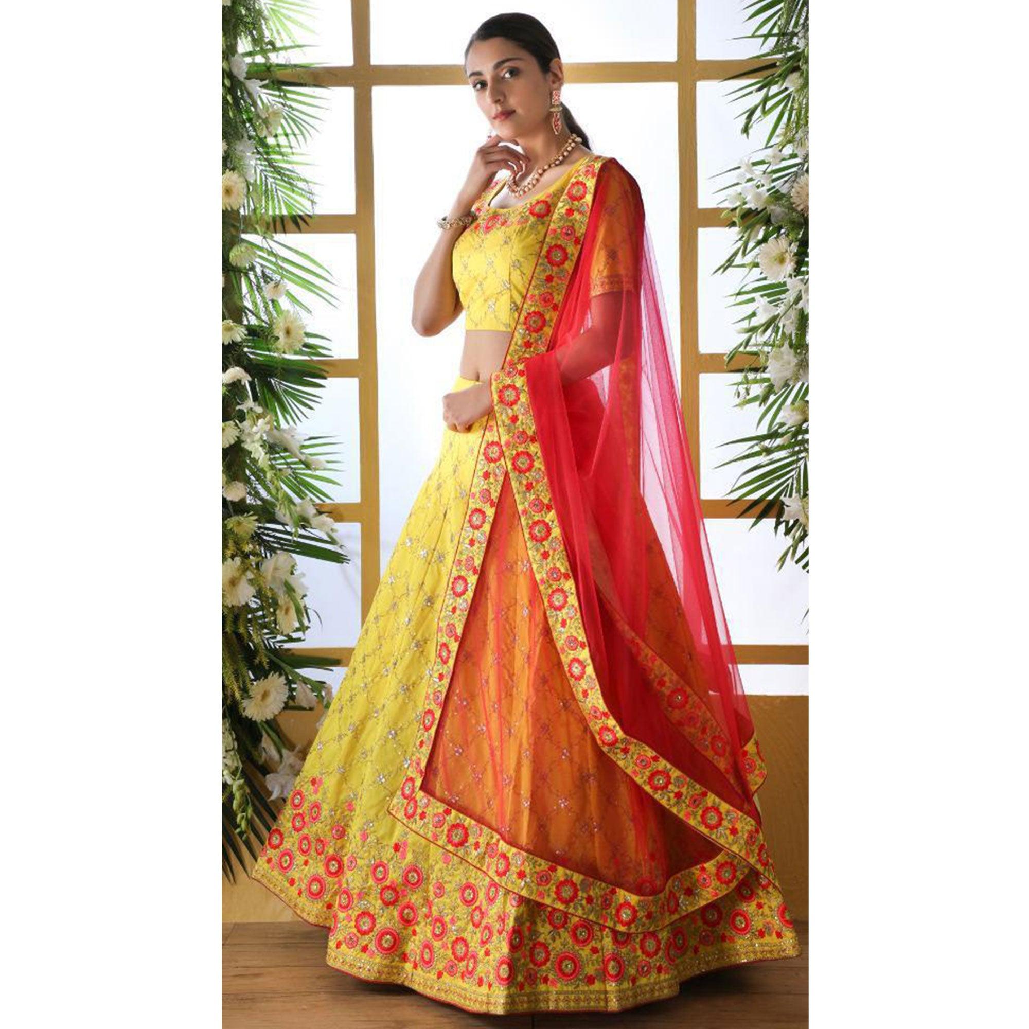 Radiant Yellow Colored Party Wear Floral Embroidered Art Silk Lehenga Choli - Peachmode