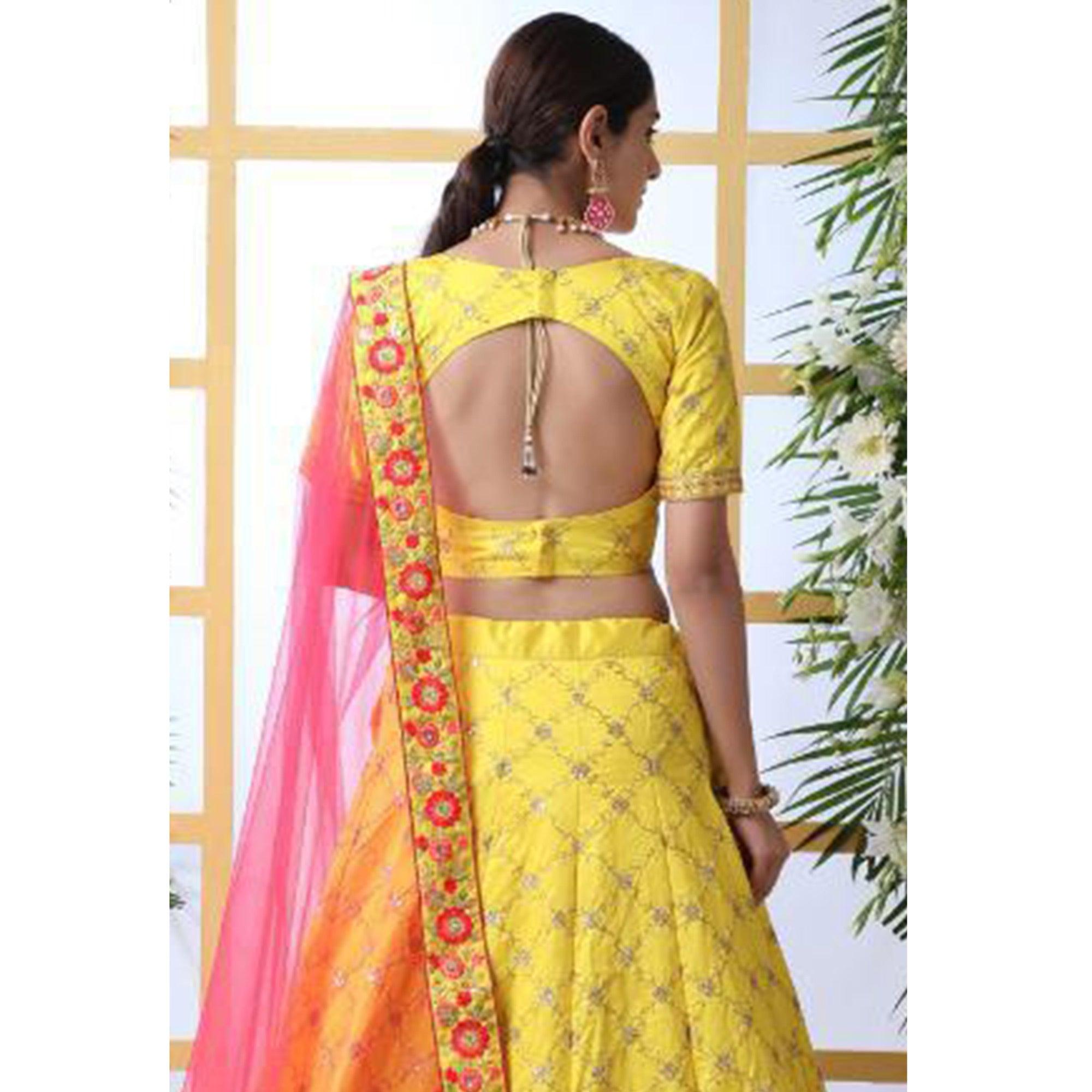 Radiant Yellow Colored Party Wear Floral Embroidered Art Silk Lehenga Choli - Peachmode