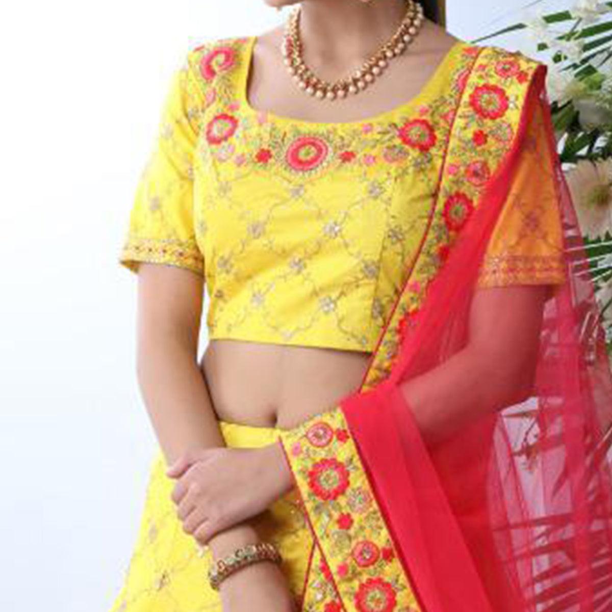 Radiant Yellow Colored Party Wear Floral Embroidered Art Silk Lehenga Choli - Peachmode