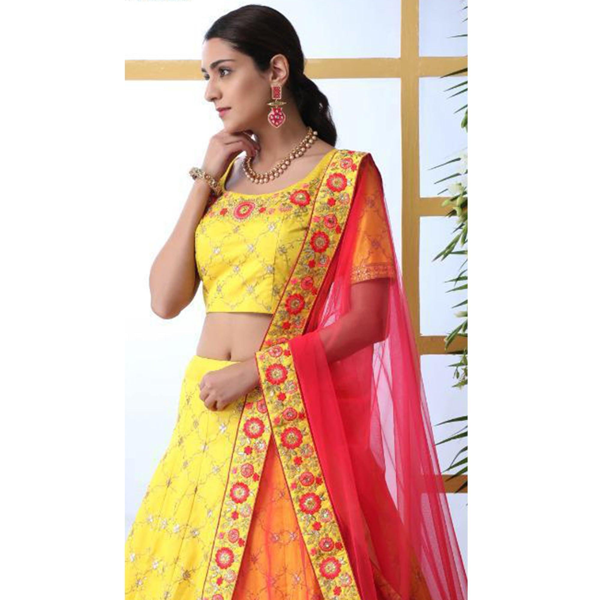 Radiant Yellow Colored Party Wear Floral Embroidered Art Silk Lehenga Choli - Peachmode