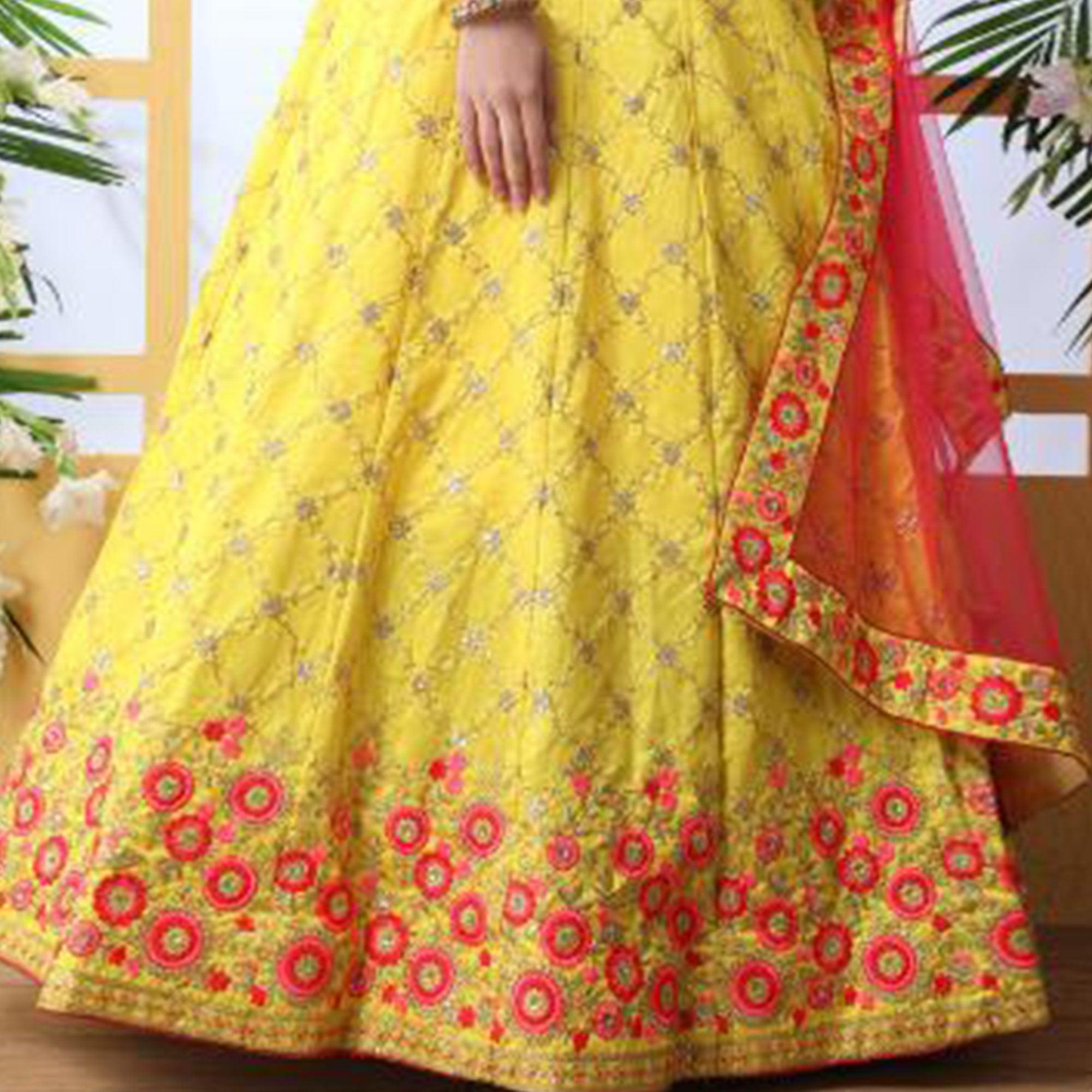 Radiant Yellow Colored Party Wear Floral Embroidered Art Silk Lehenga Choli - Peachmode