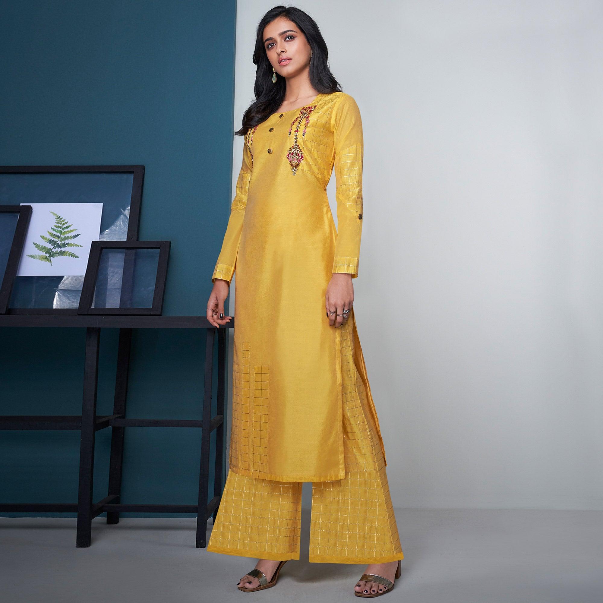 Radiant Yellow Colored Party Wear Floral Embroidered Modal Silk Kurti-Palazzo Set - Peachmode