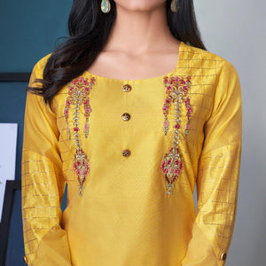 Radiant Yellow Colored Party Wear Floral Embroidered Modal Silk Kurti-Palazzo Set - Peachmode