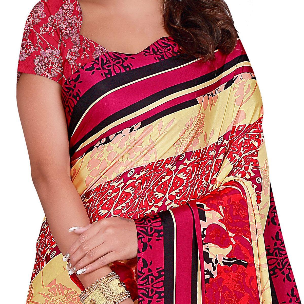 Radiant Yellow-Red Colored Casual Wear Printed Crepe Saree - Peachmode