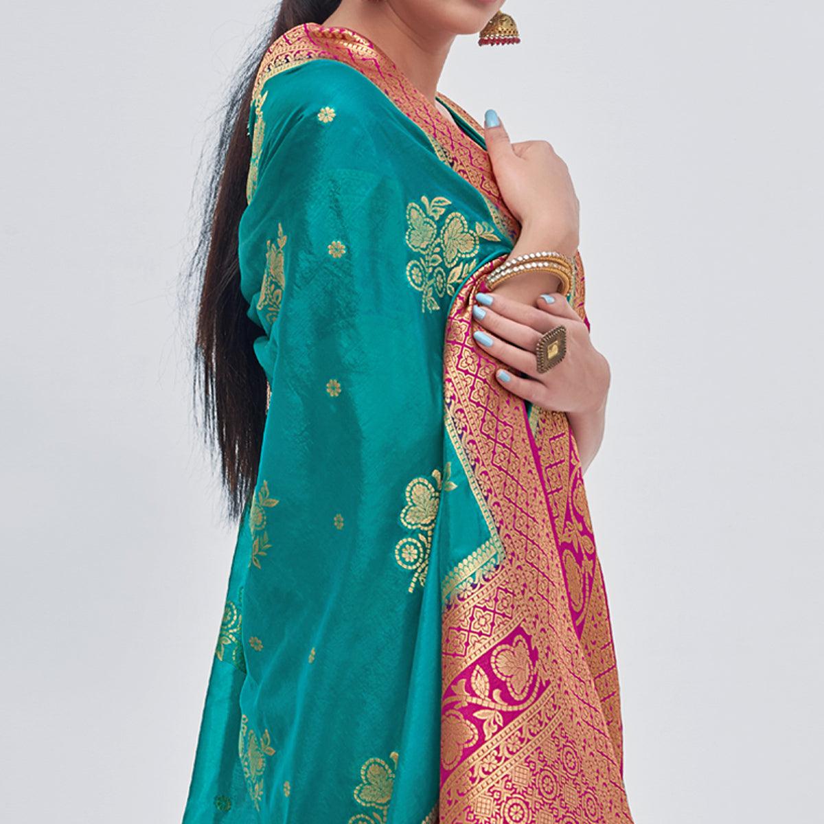 Ram Blue Woven Organza Saree - Peachmode