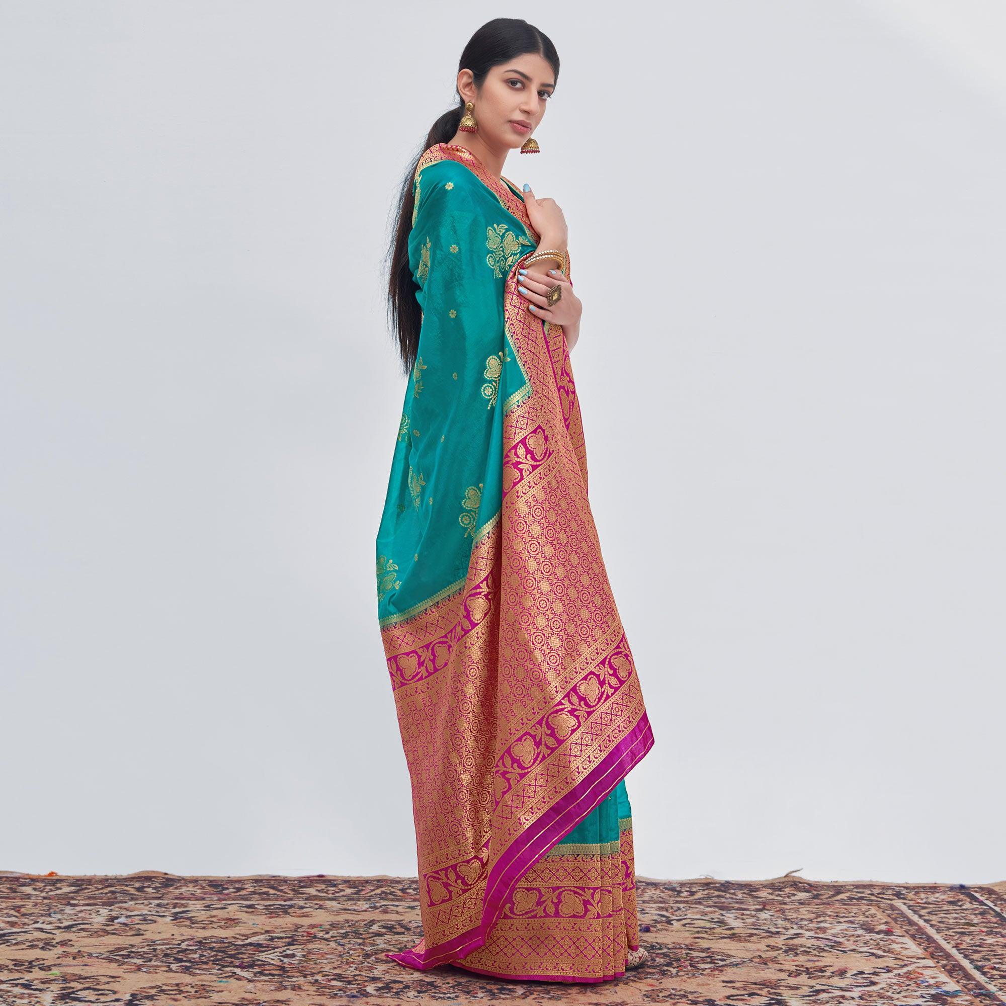Ram Blue Woven Organza Saree - Peachmode