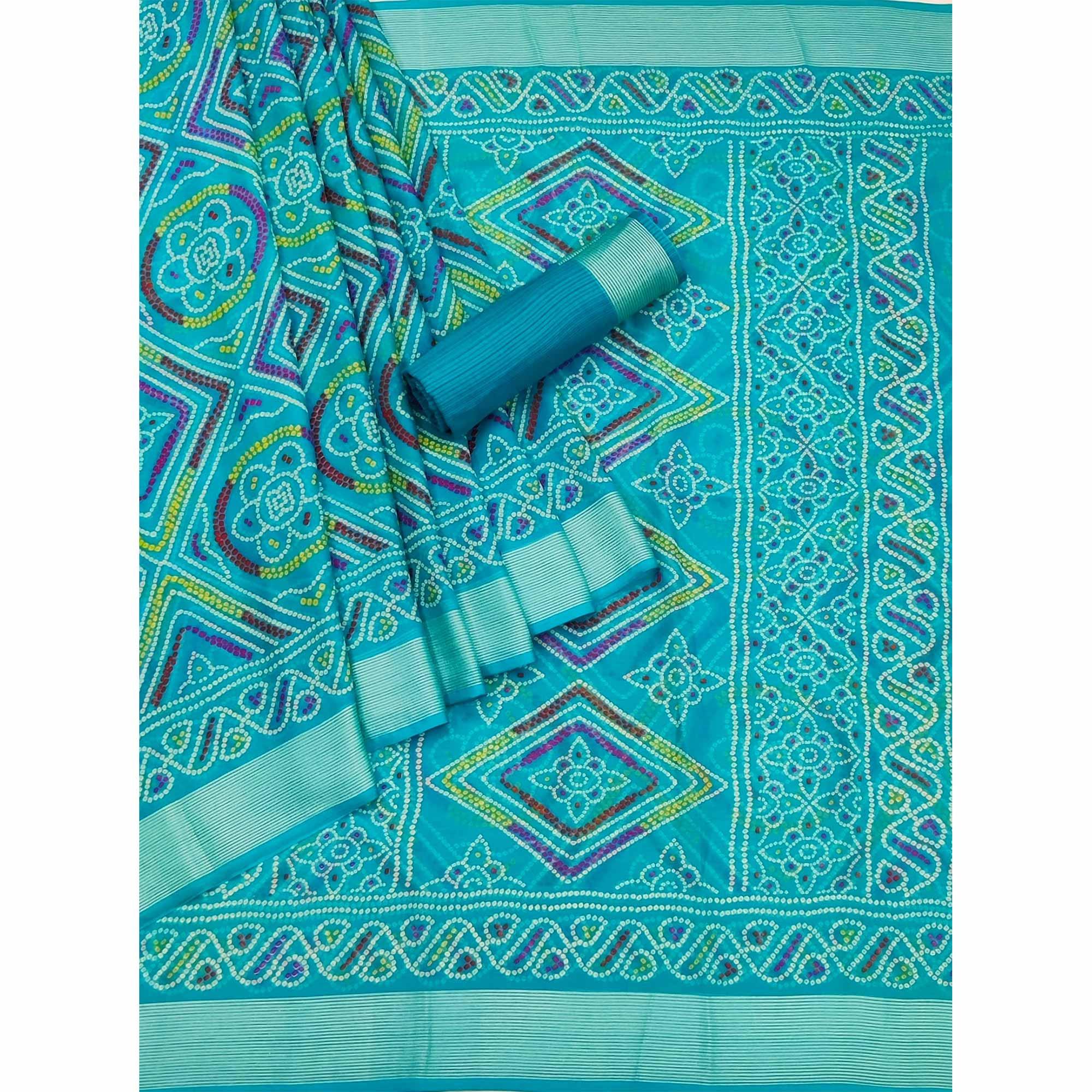 Rama Blue Casual Wear Bandhani Printed Chiffon Saree - Peachmode